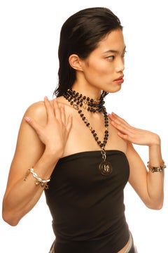 CLARISSA BRONFMAN Hammered 14k Gold Diamond Ebony Evil Eye Pendant & Black Chain