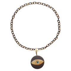 CLARISSA BRONFMAN Hammered 14k Gold Diamond Ebony Evil Eye Pendant & Black Chain