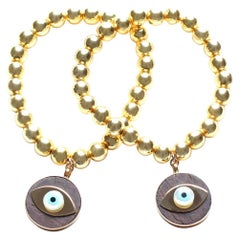 CLARISSA BRONFMAN Hematite 14k Gold Plated Ebony Gold Evil Eye Beaded Bracelet