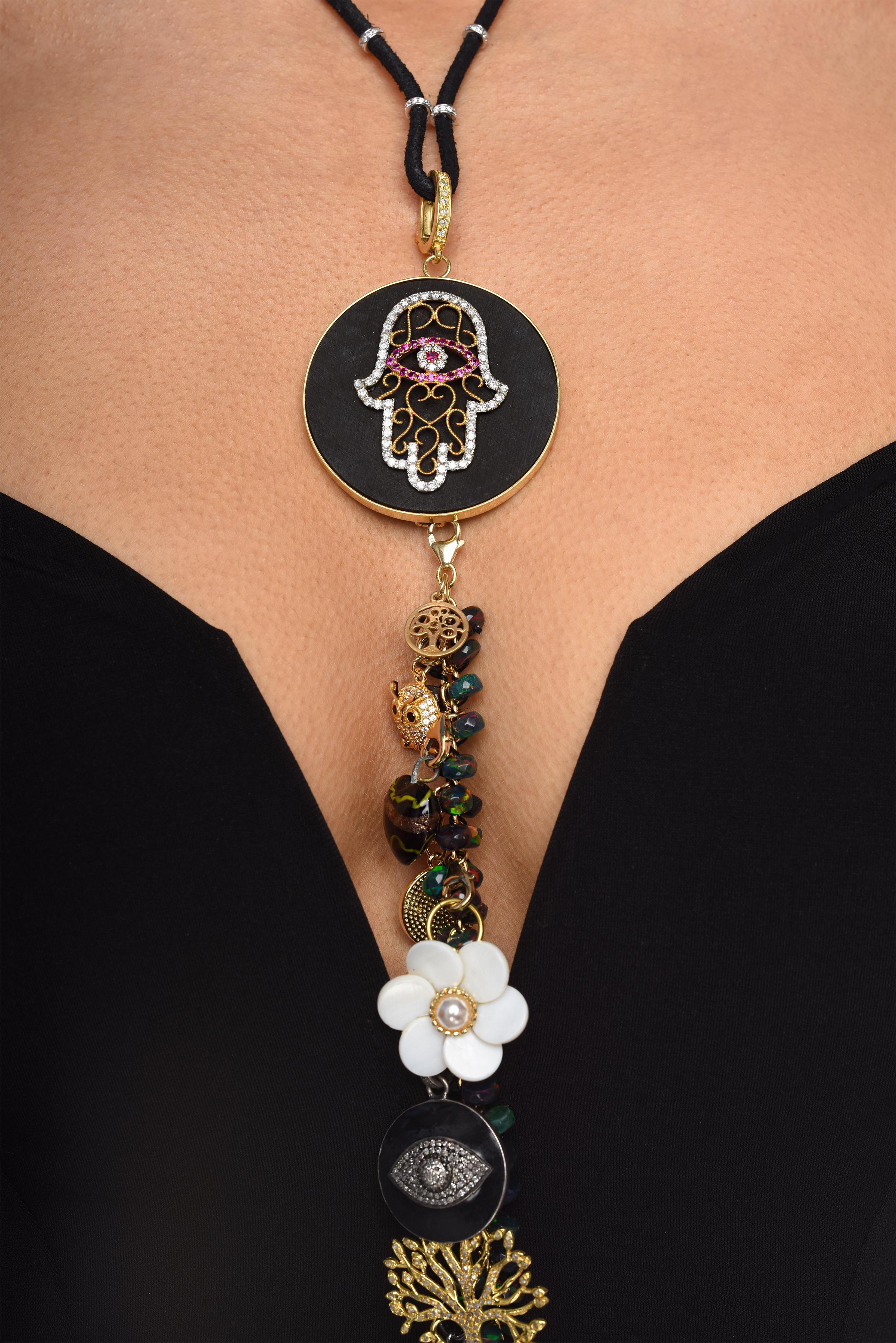 Women's or Men's Clarissa Bronfman Hypnotic Maze Opal Diamond Ruby Signature Symbol Tree Necklace For Sale