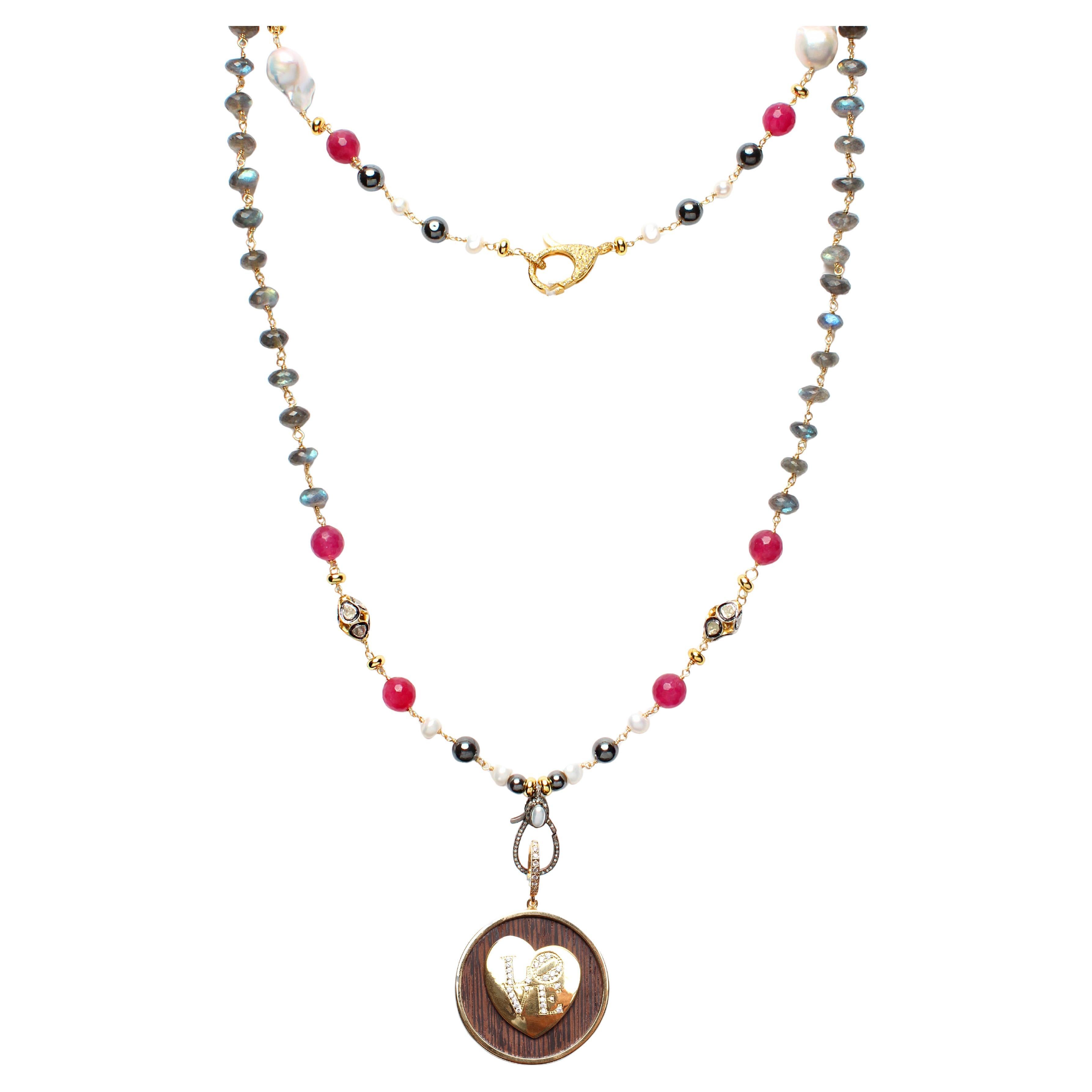 CLARISSA BRONFMAN Collier "Carmen" Labradorite Diamant Rubis Pendentif Ebène Amour en vente