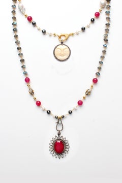 CLARISSA BRONFMAN Labradorite Ruby Diamond Carmen Bone Face & Ebony Hamsa Charms