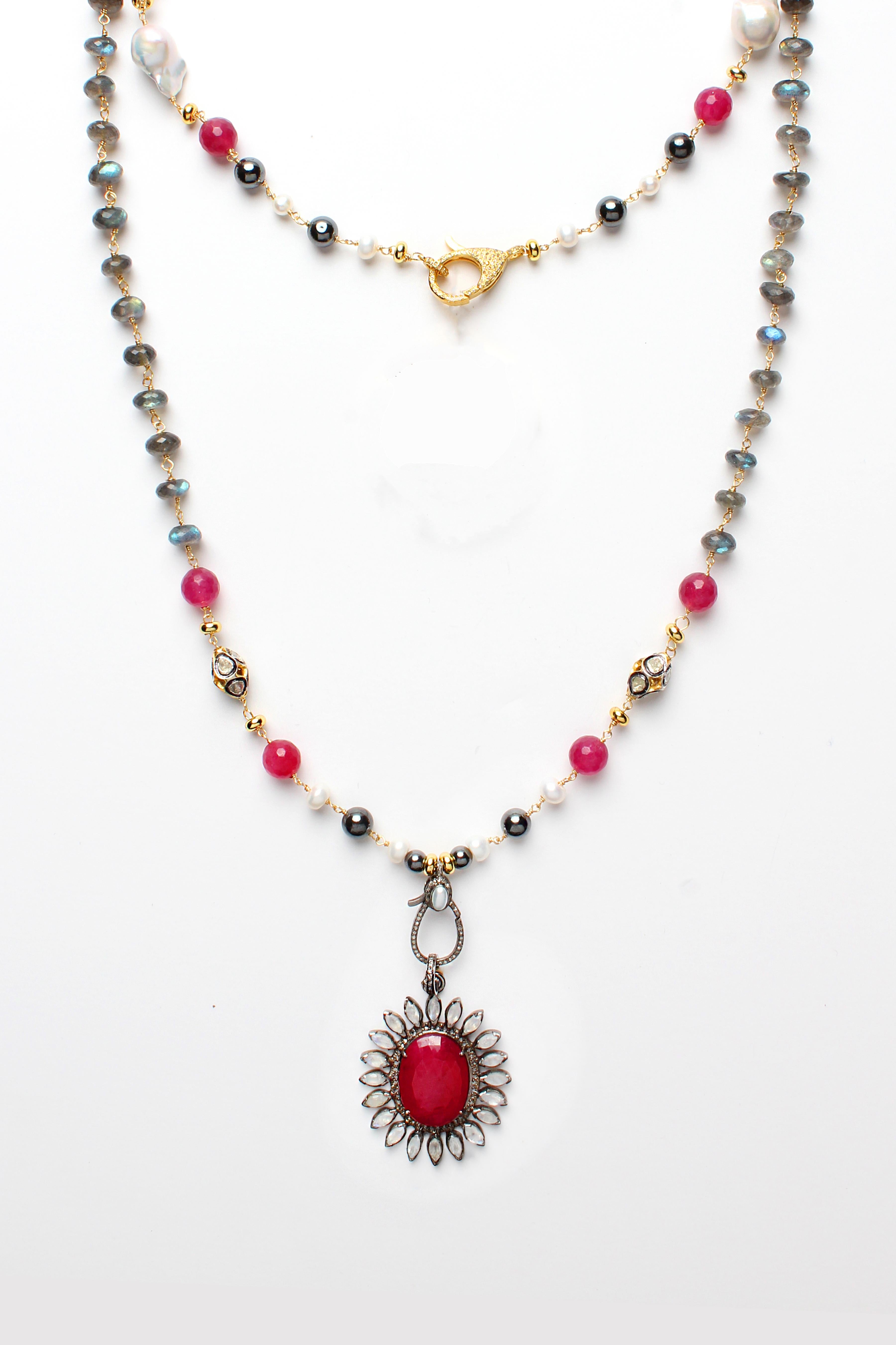 Contemporary CLARISSA BRONFMAN Labradorite Ruby Diamond Carmen Bone Face & Ebony Hamsa Charms For Sale