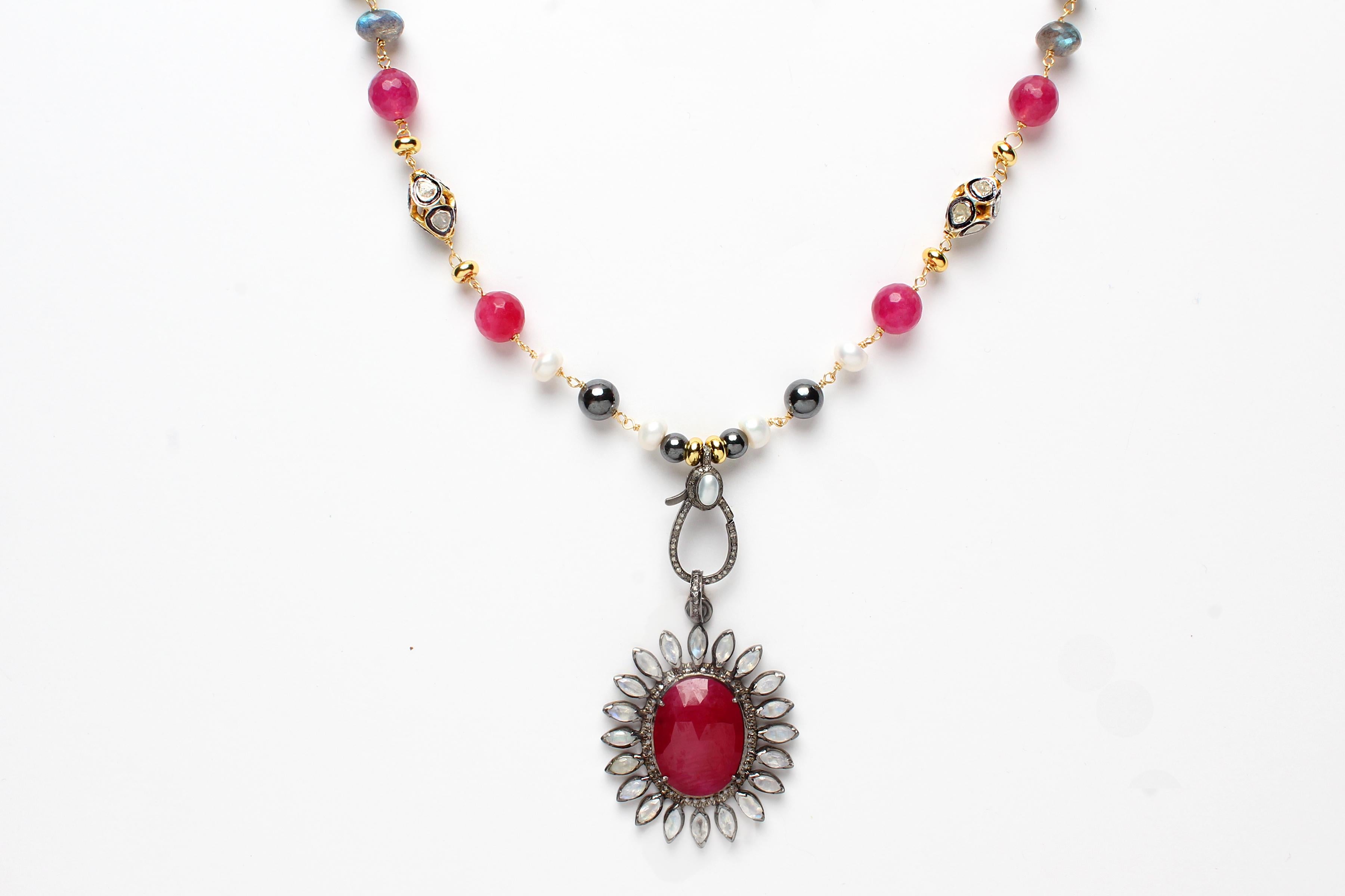 Mixed Cut CLARISSA BRONFMAN Labradorite Ruby Diamond Carmen Bone Face & Ebony Hamsa Charms For Sale