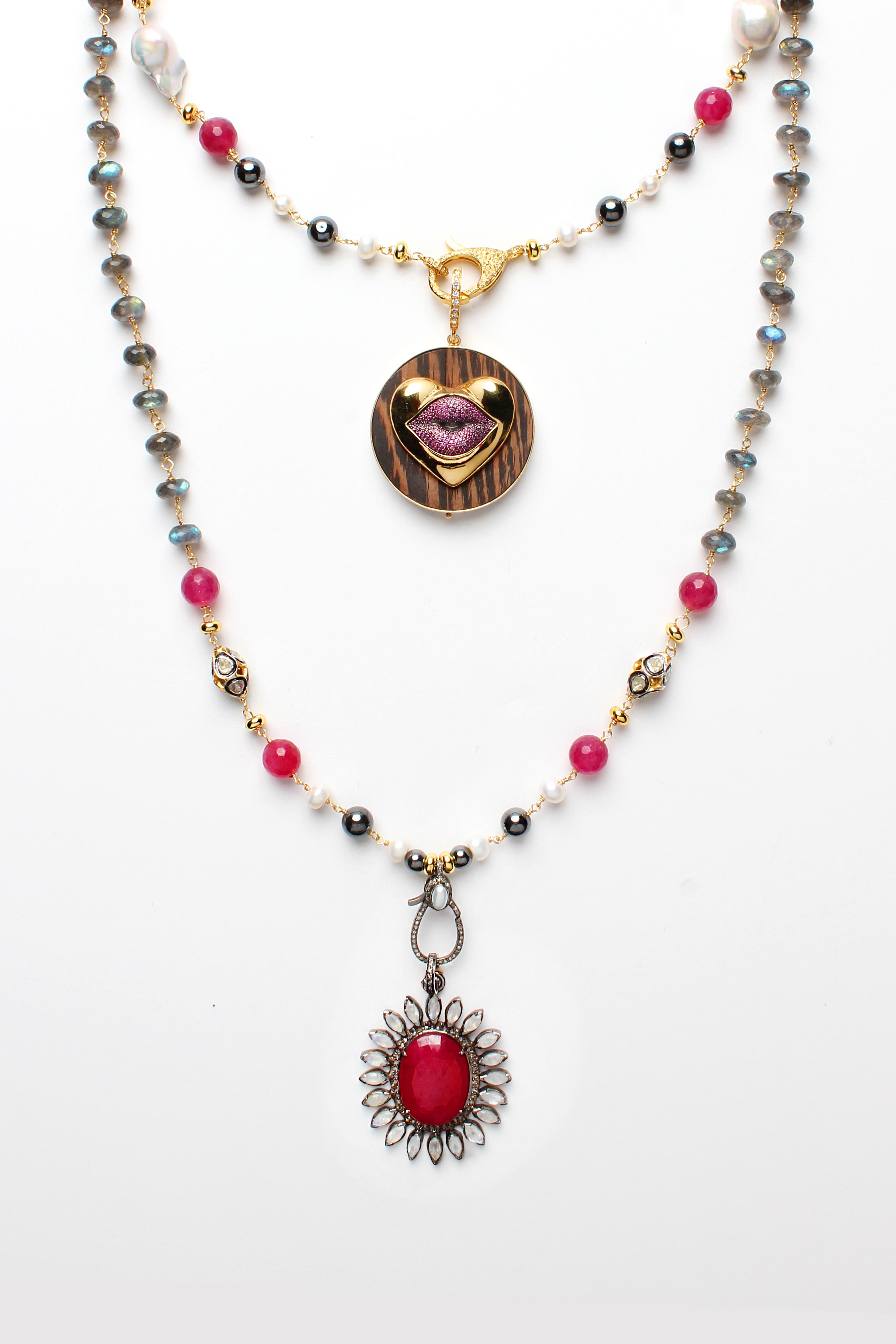 CLARISSA BRONFMAN Labradorite Ruby Diamond Carmen Bone Face & Ebony Hamsa Charms In New Condition For Sale In New York, NY