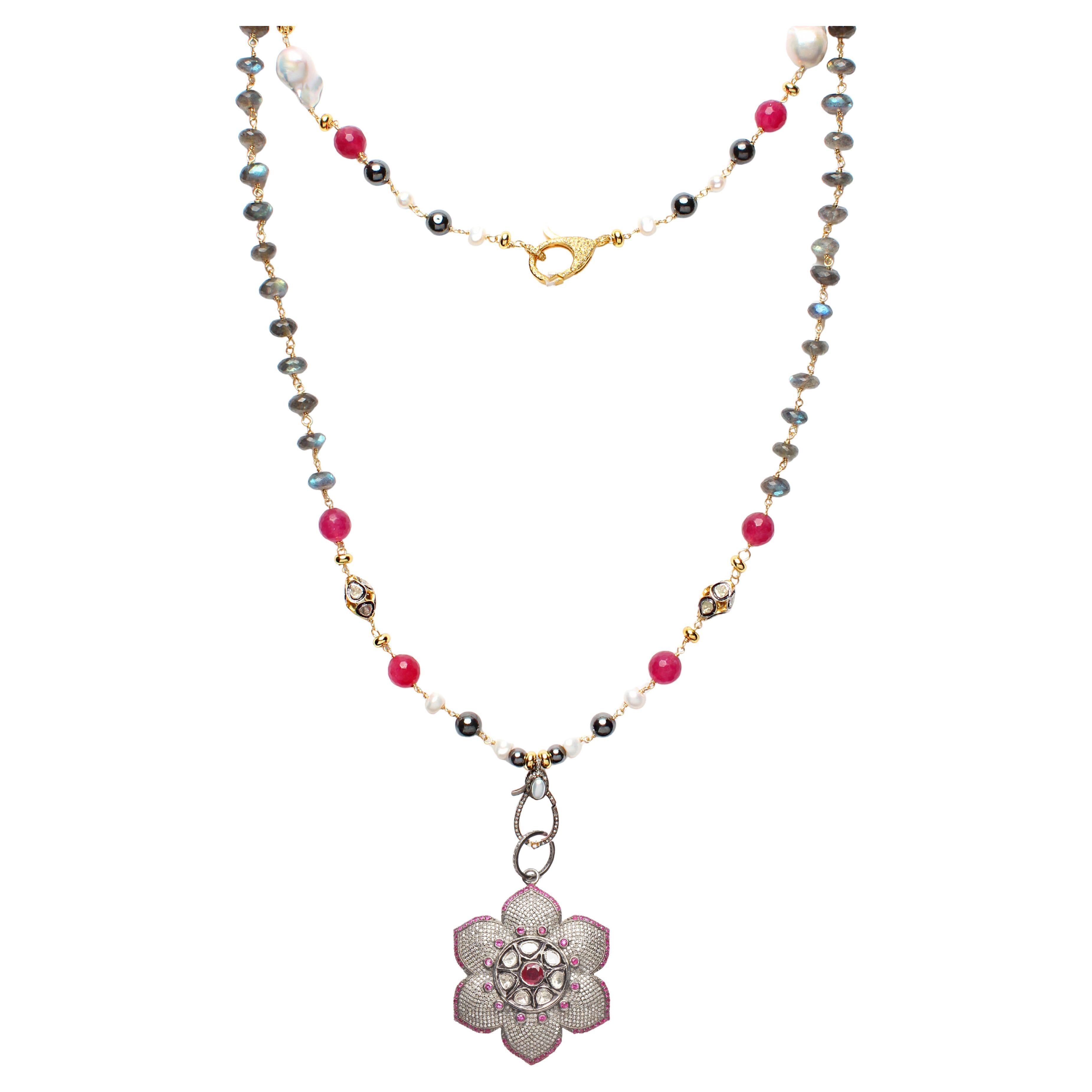 CLARISSA BRONFMAN Labradorite Ruby Diamond "Carmen"
Flower Pendant Necklace