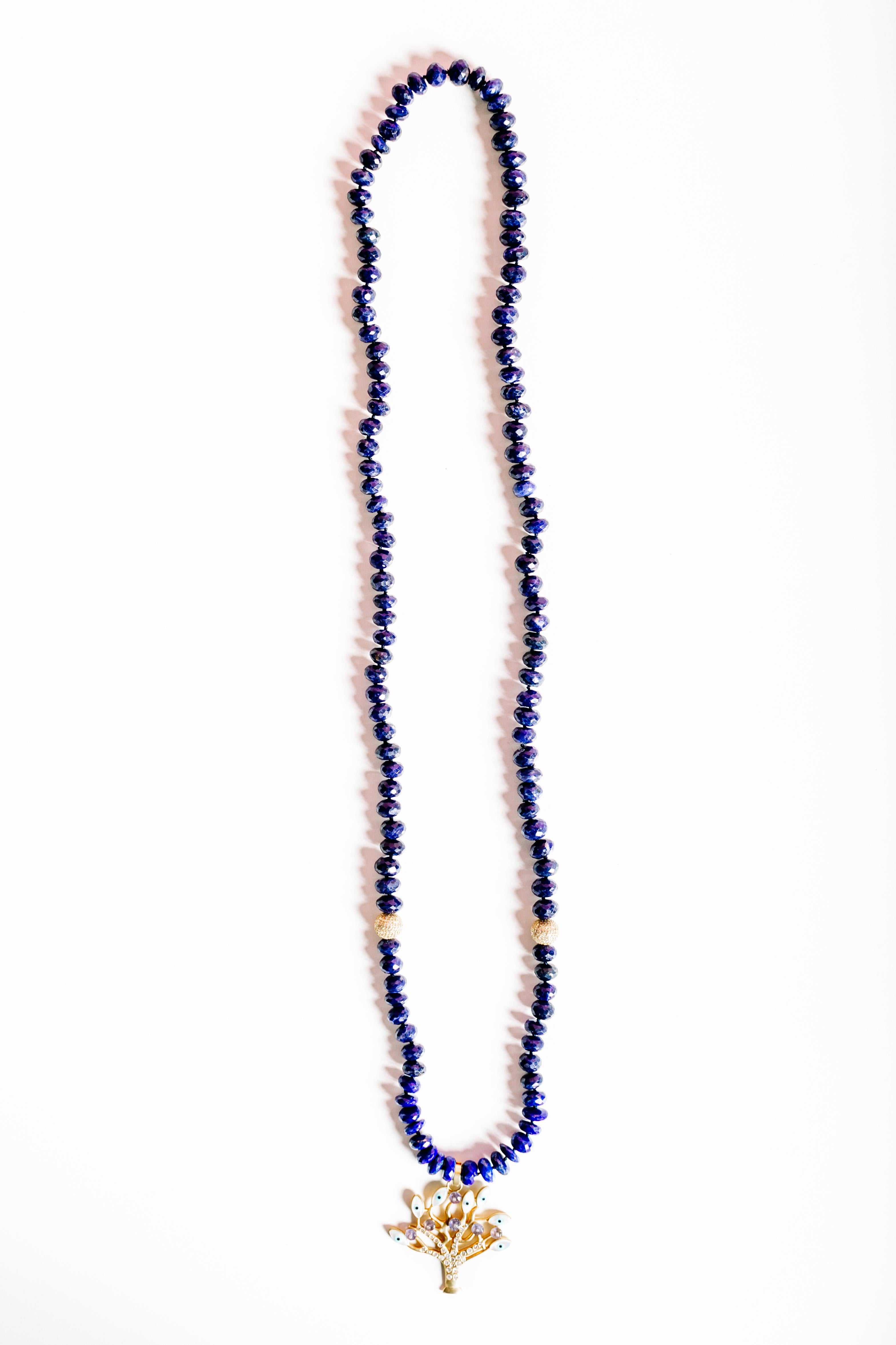 Lapis beaded necklace. 14k gold/diamond beads. 36