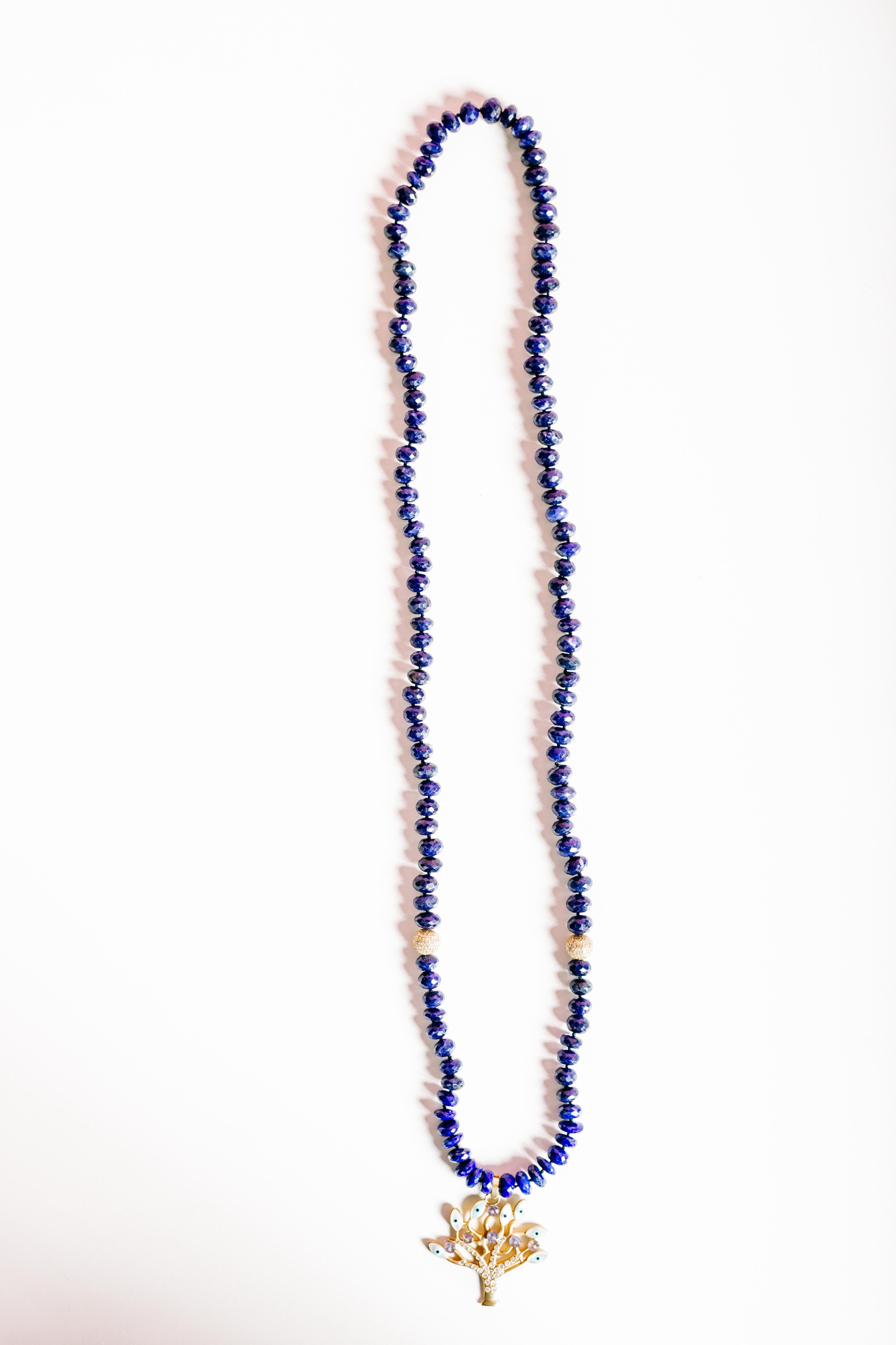 Contemporary Clarissa Bronfman Lapis, 14k gold, Diamond, Enamel Tree of Life Beaded Necklace