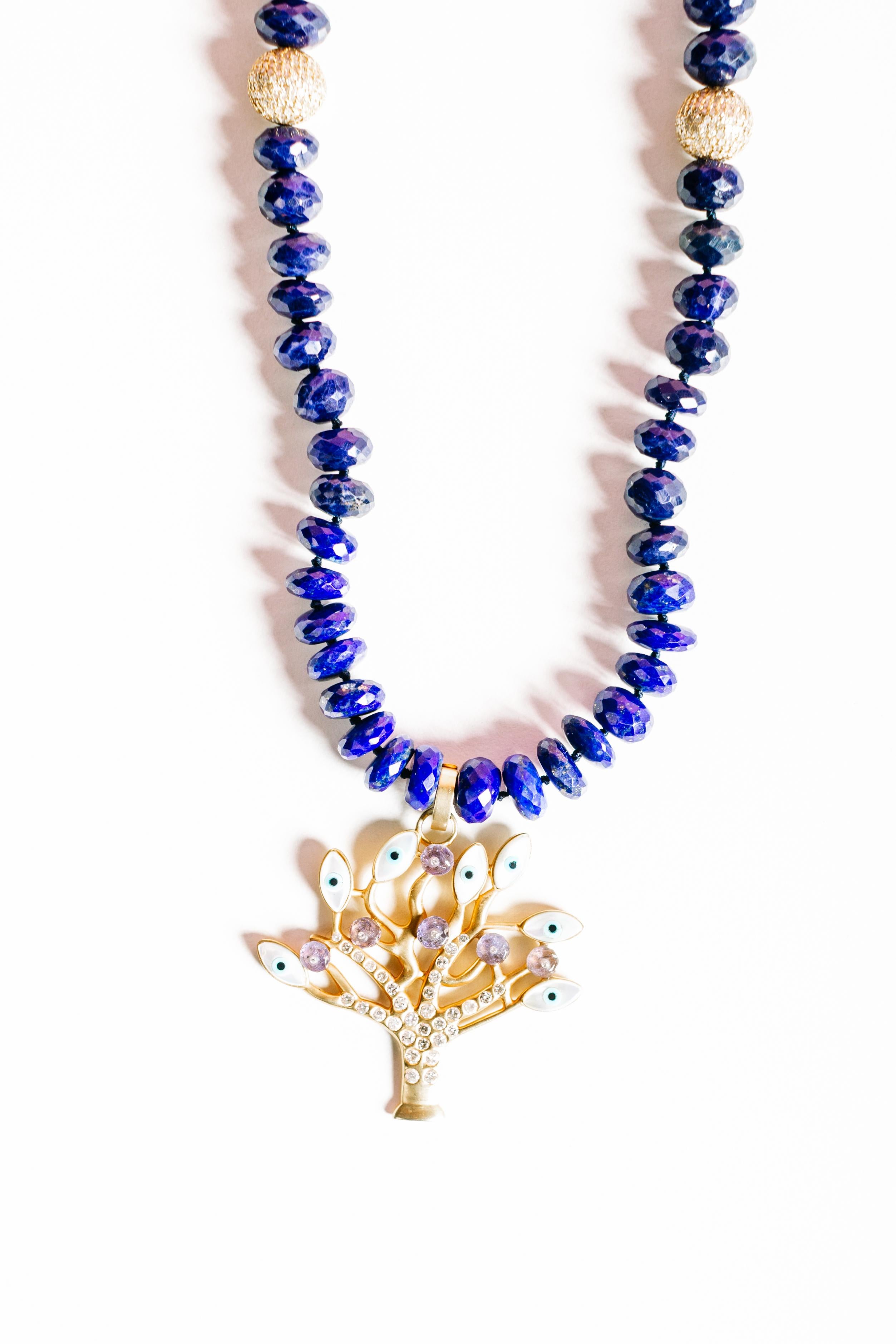 Brilliant Cut Clarissa Bronfman Lapis, 14k gold, Diamond, Enamel Tree of Life Beaded Necklace