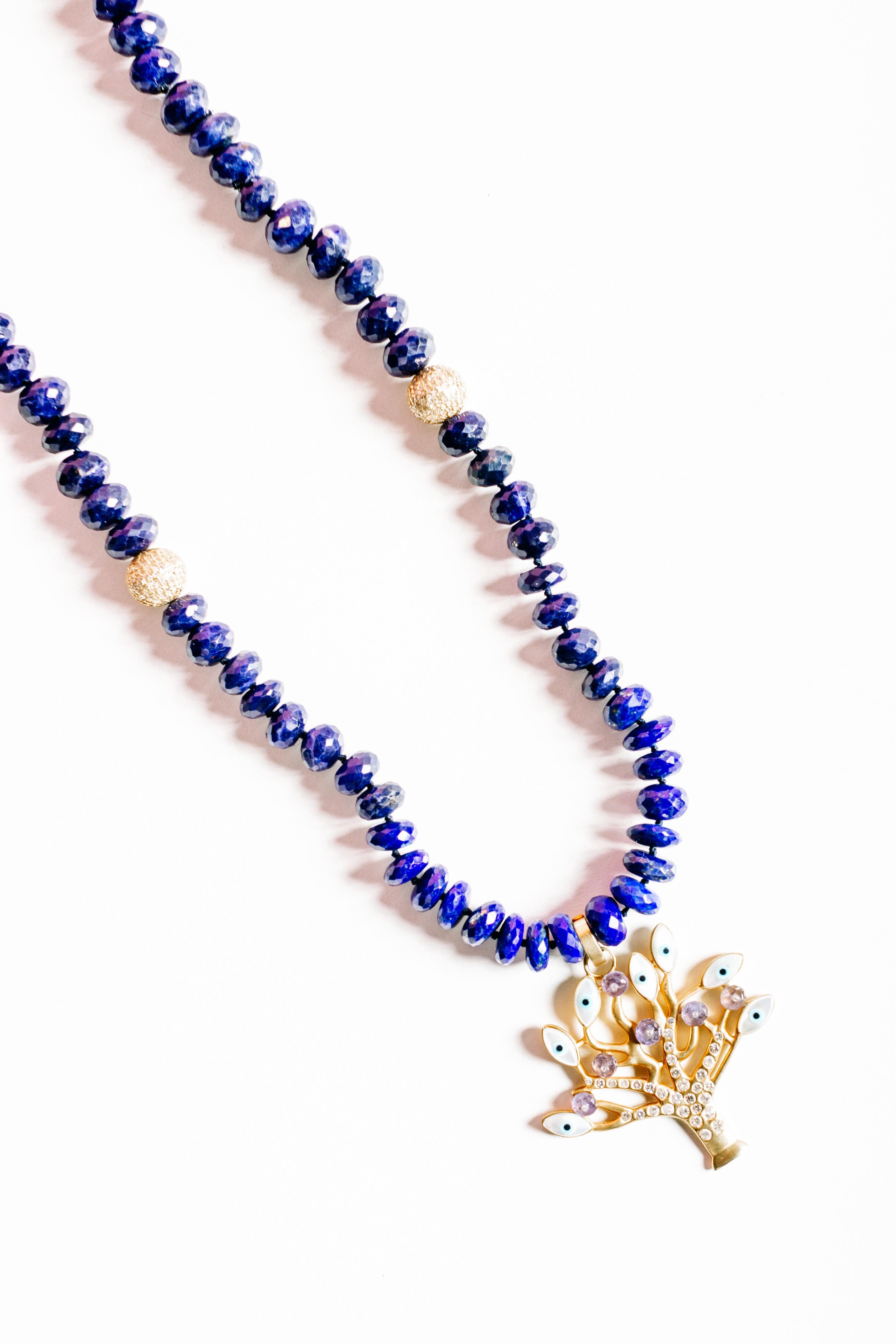 Clarissa Bronfman Lapis, 14k gold, Diamond, Enamel Tree of Life Beaded Necklace In New Condition In New York, NY