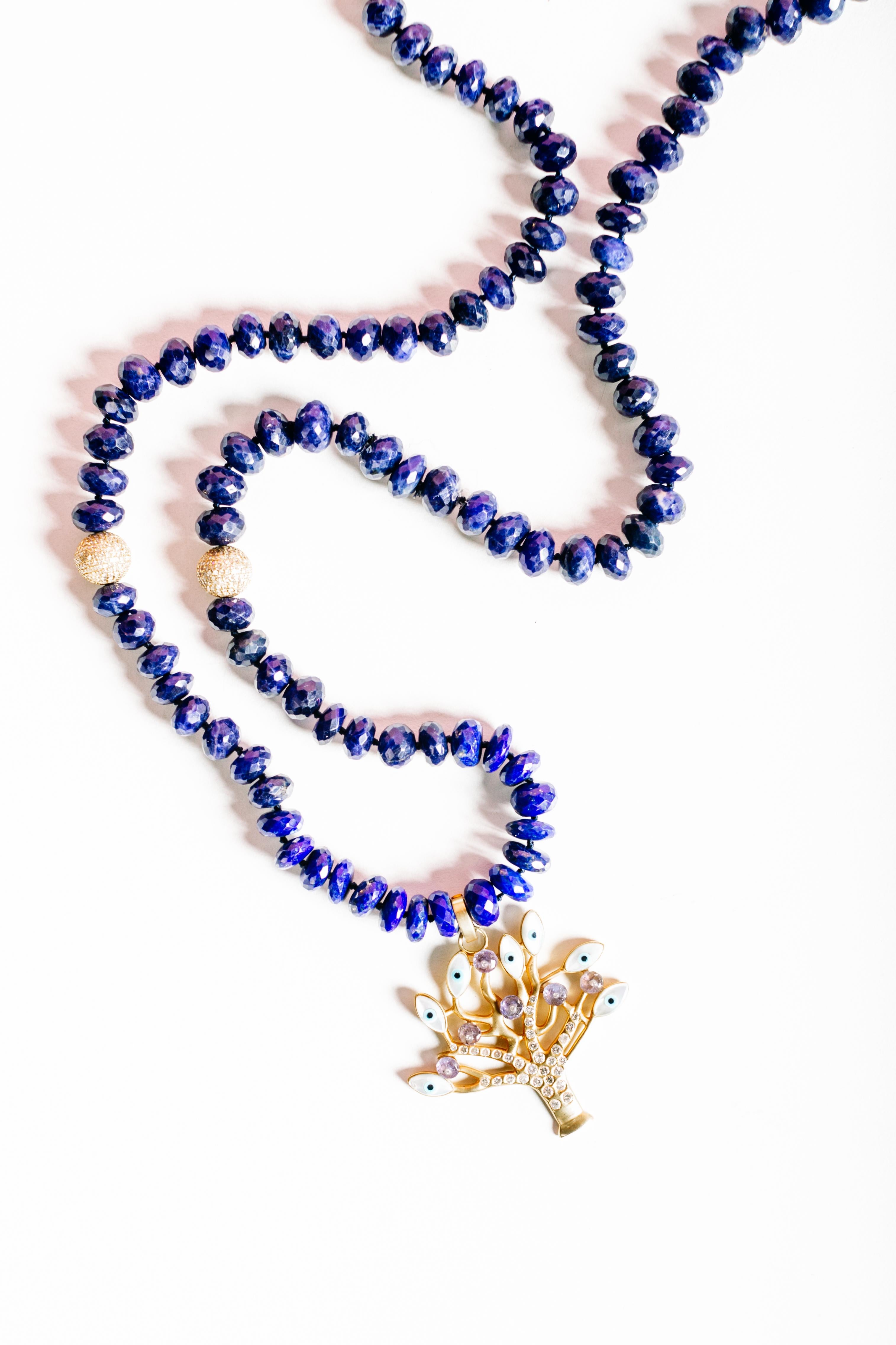 Clarissa Bronfman Lapis, 14k gold, Diamond, Enamel Tree of Life Beaded Necklace 1