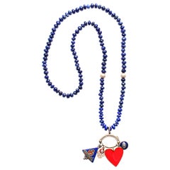 Clarissa Bronfman Lapis 14k Gold Enamel Diamond Beaded Charm Pendant Necklace