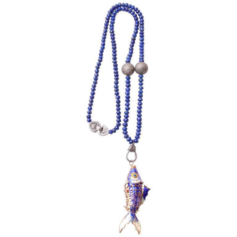 Contemporary Clarissa Bronfman Lapis and Diamond Fish Pendant Beaded Necklace