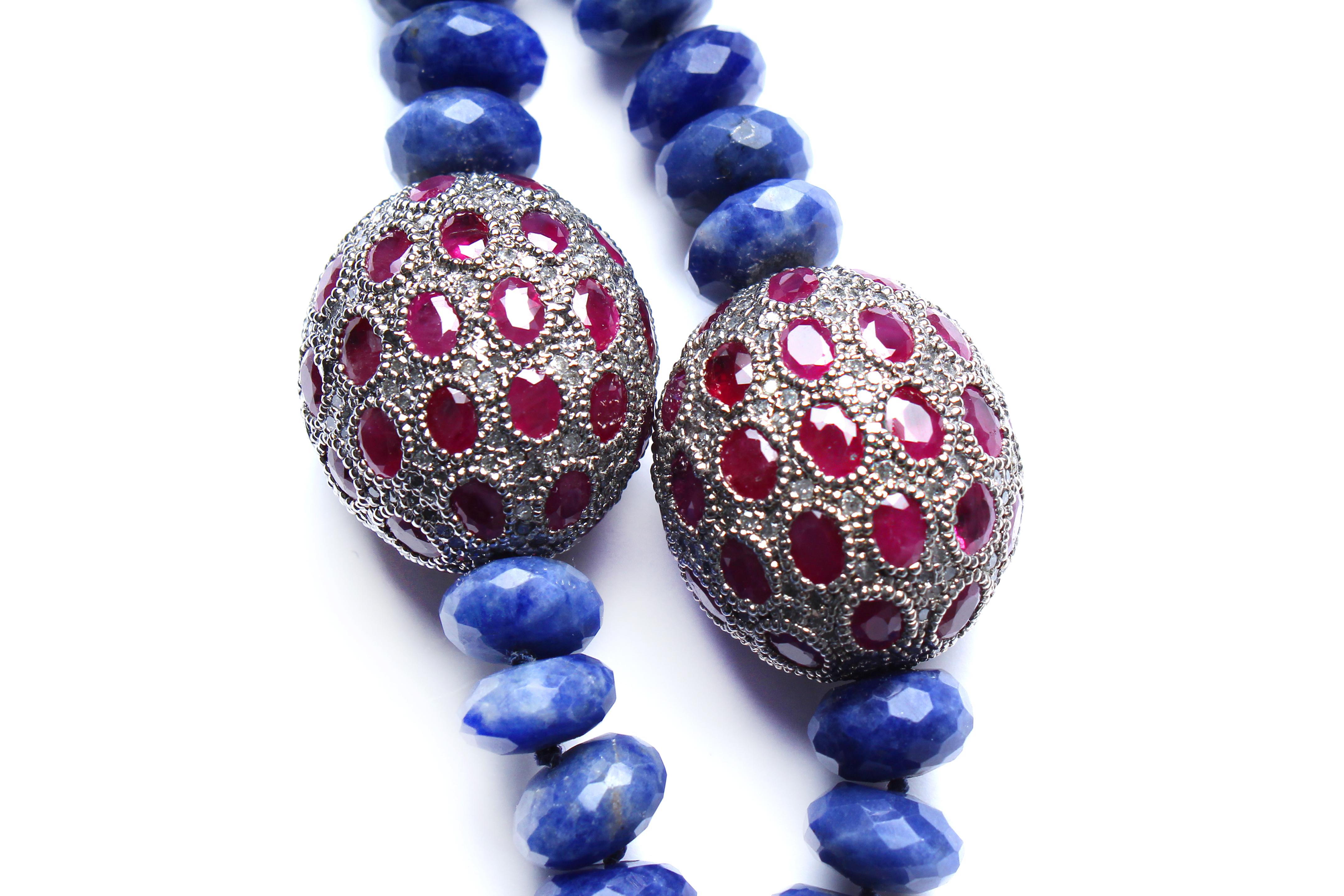 Contemporary Clarissa Bronfman Lapis Beaded Ruby Diamond and Silver Heart Pendant Necklace