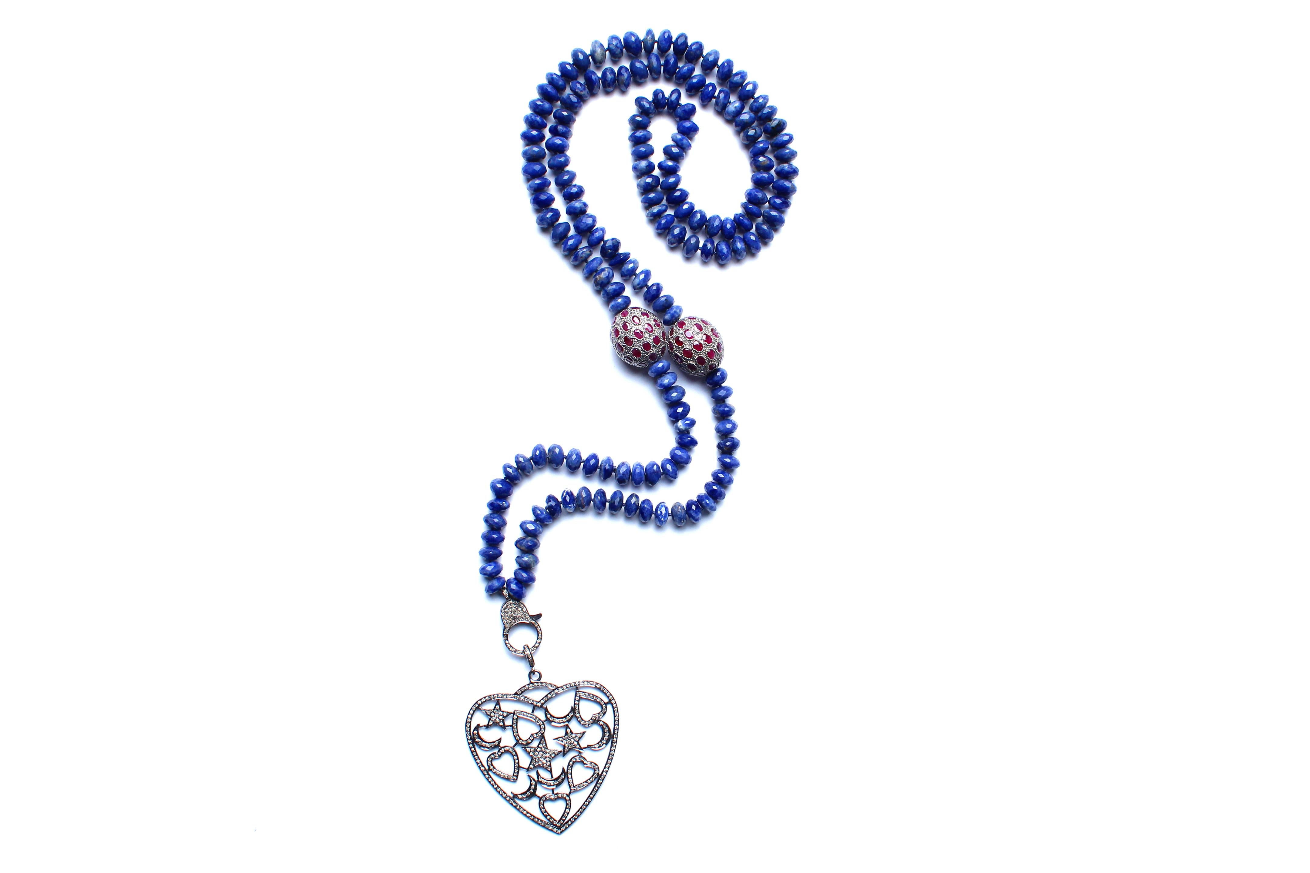 Clarissa Bronfman Lapis Beaded Ruby Diamond and Silver Heart Pendant Necklace In New Condition In New York, NY