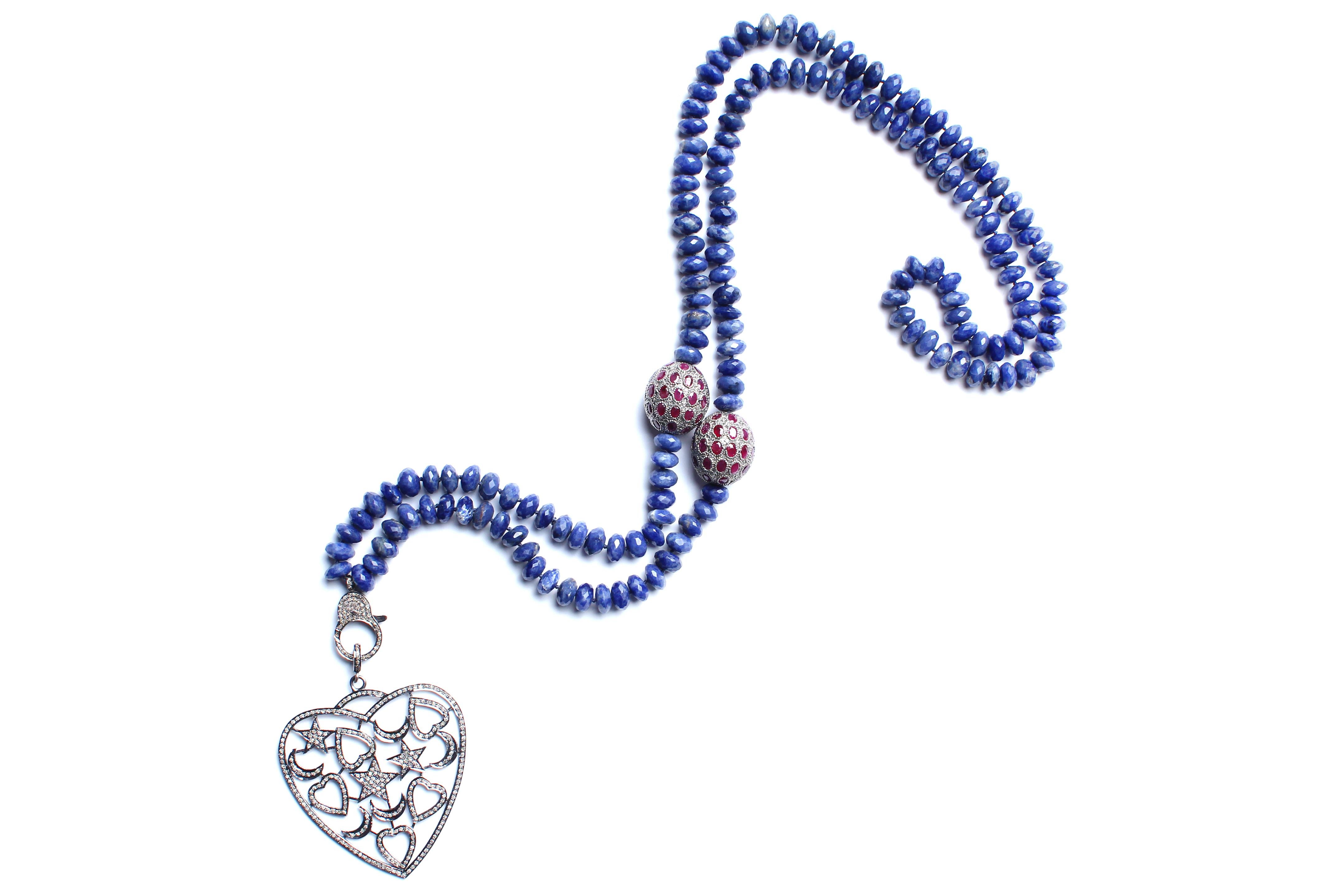 Women's or Men's Clarissa Bronfman Lapis Beaded Ruby Diamond and Silver Heart Pendant Necklace