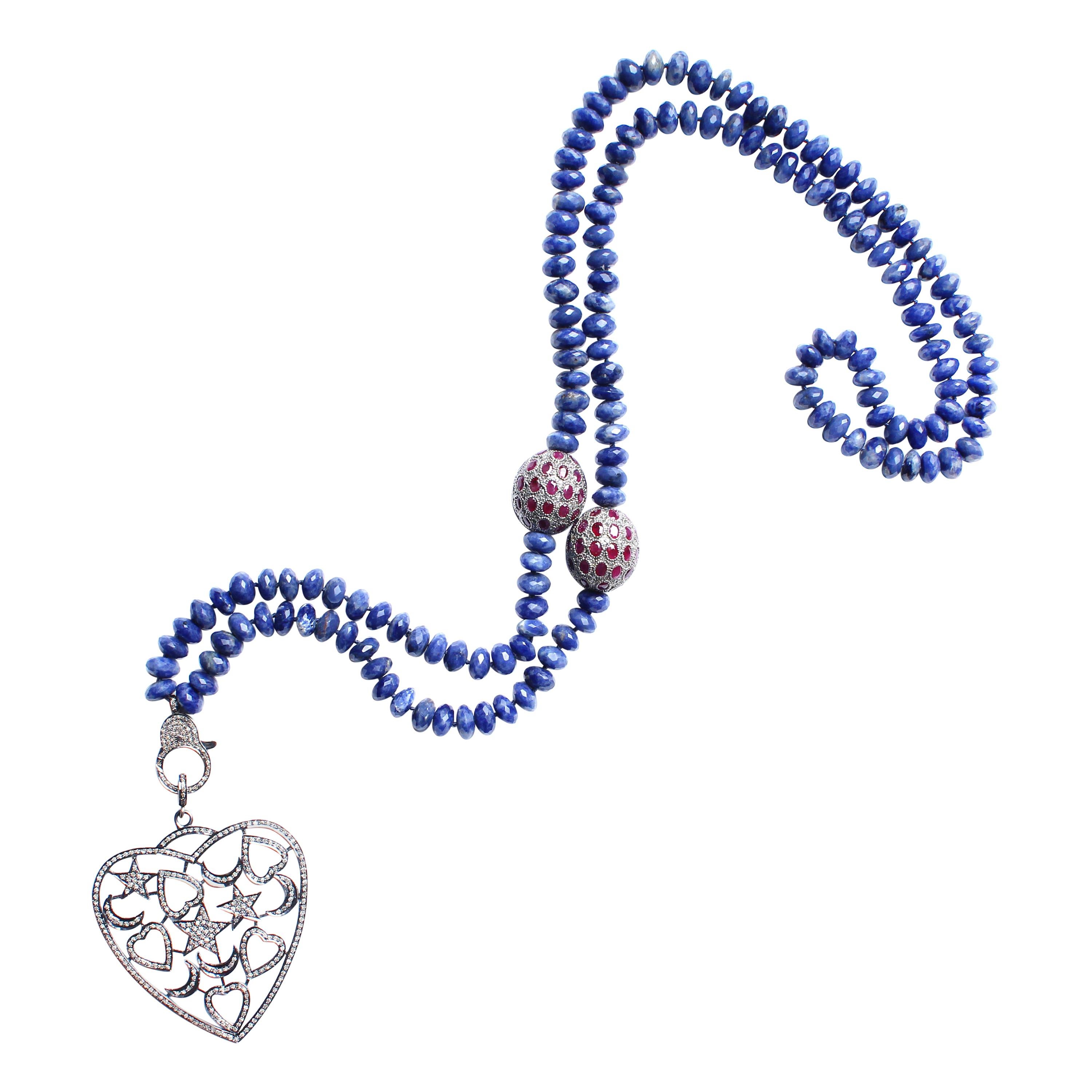 Clarissa Bronfman Lapis Beaded Ruby Diamond and Silver Heart Pendant Necklace