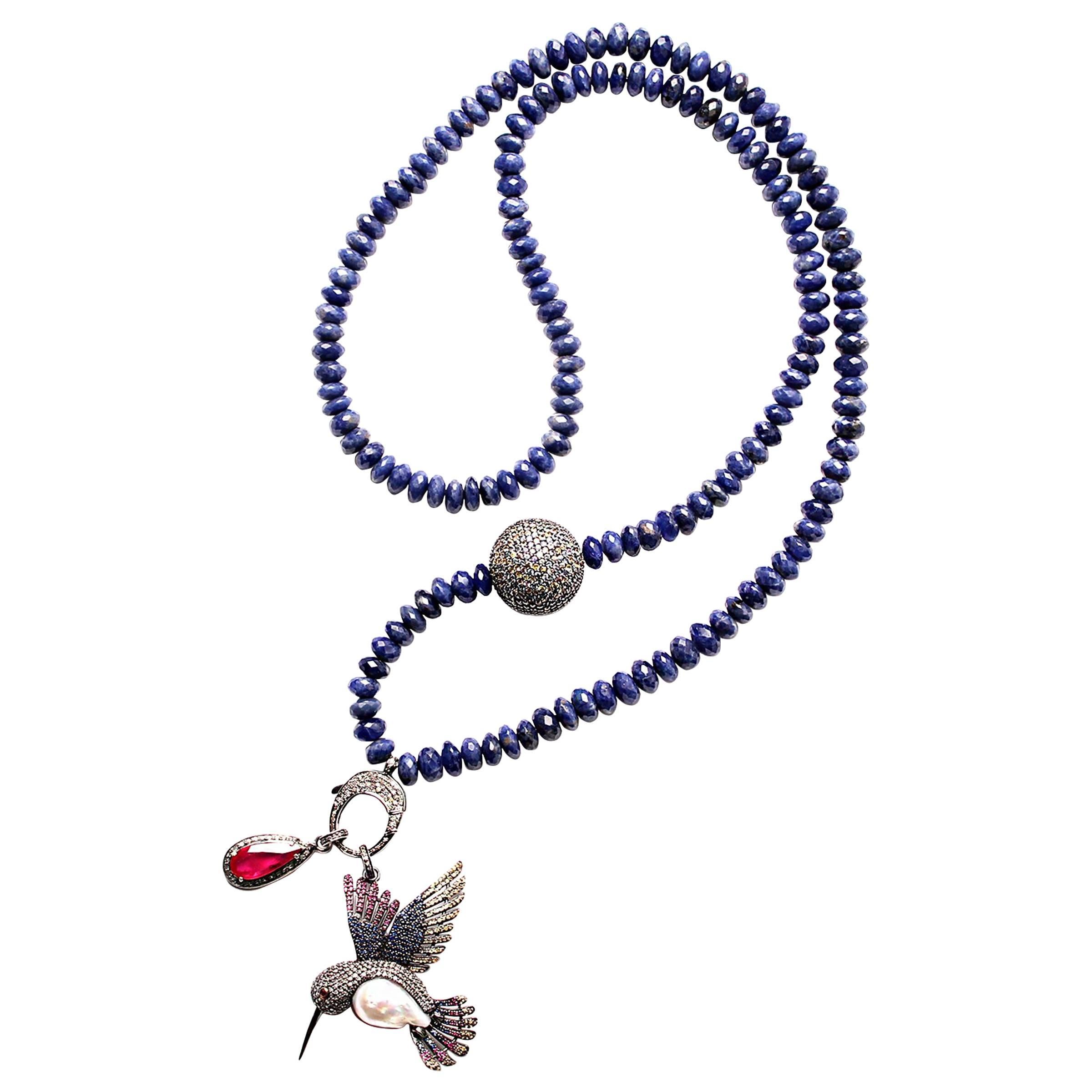 Clarissa Bronfman Lapis Beads, Diamond, Pearl, Silver Hummingbird Necklace