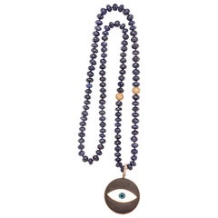 Clarissa Bronfman Lapis diamond 14k gold ebony enamel Beaded Pendant Necklace
