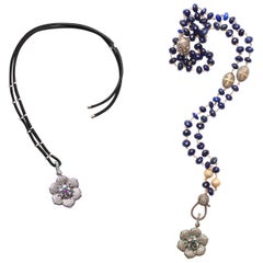 Clarissa Bronfman Lapis Diamond Emerald Ruby Flower Cord & Rosary Necklace Set