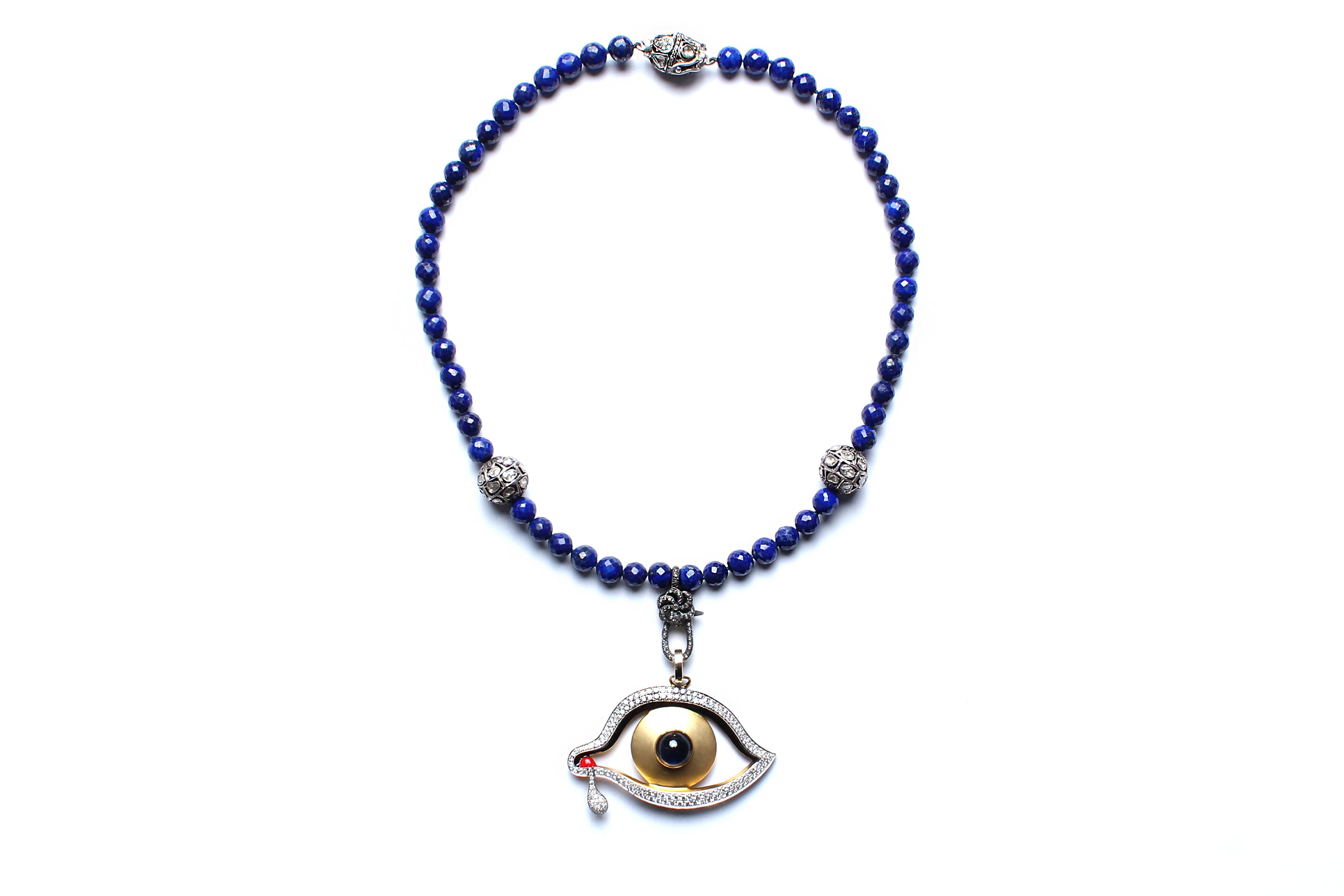 Rose Cut Clarissa Bronfman Lapis, Diamond, Gold, Enamel Dali's Eye Beaded Necklace