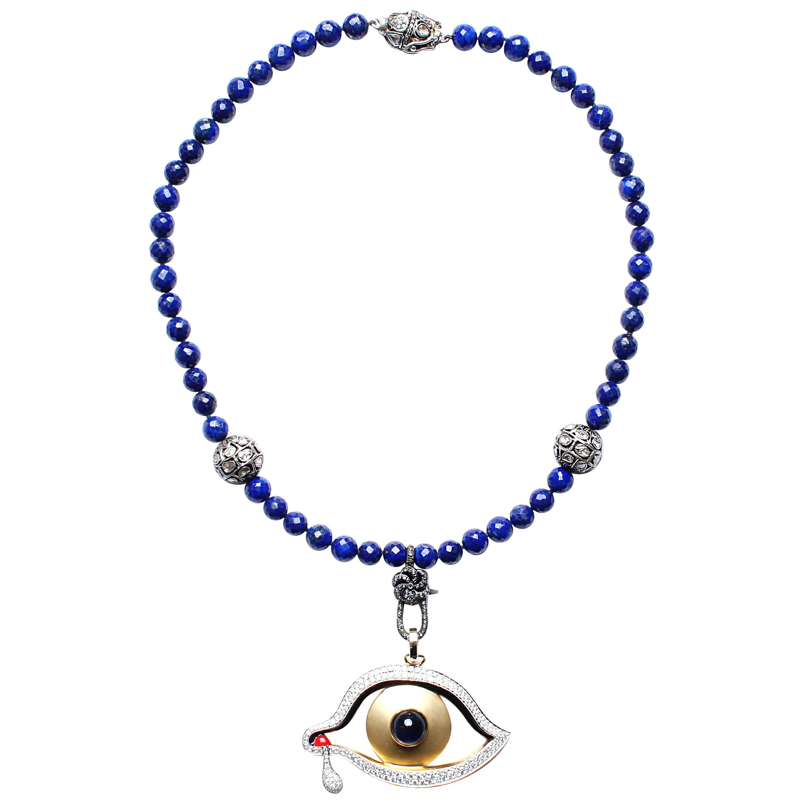 Clarissa Bronfman Lapis, Diamond, Gold, Enamel Dali's Eye Beaded Necklace