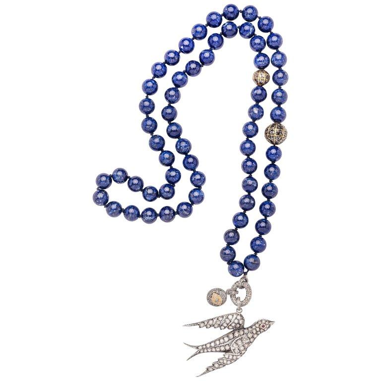 Clarissa Bronfman Lapis, Diamond, Rose Cut Diamond, and Silver Bird Necklace In New Condition In New York, NY