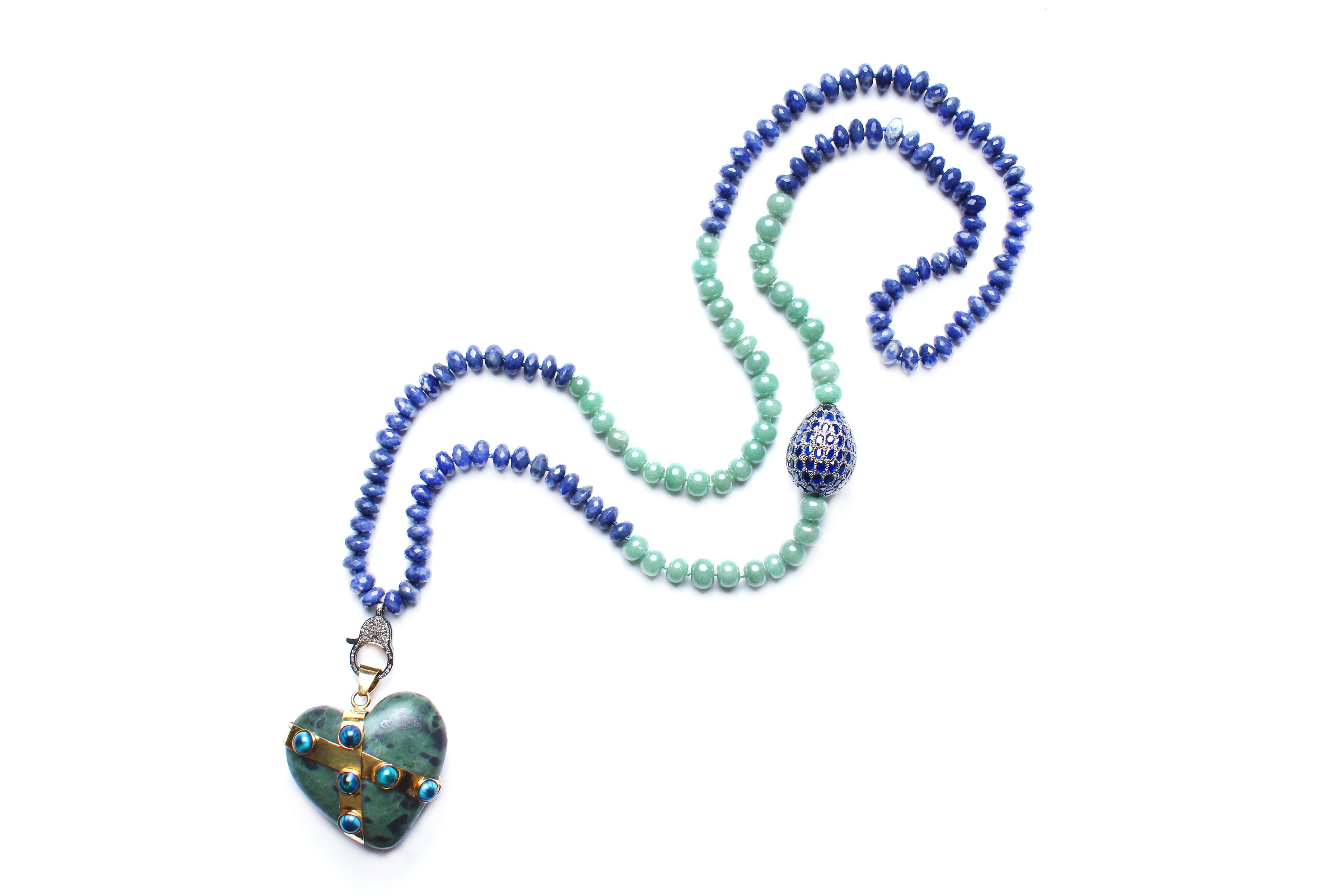 Mixed Cut Clarissa Bronfman Lapis, Jade, Sapphire, Diamond, 14k Gold Locked Heart Necklace For Sale