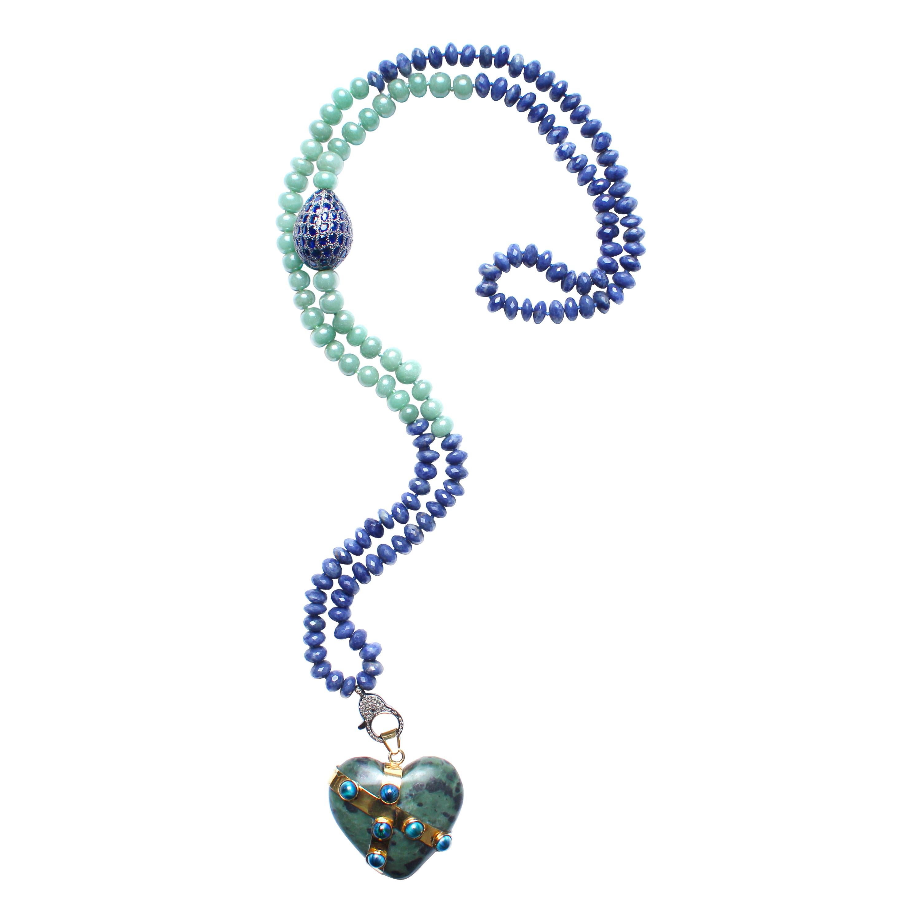Clarissa Bronfman Lapis, Jade, Sapphire, Diamond, 14k Gold Locked Heart Necklace