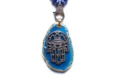 CLARISSA BRONFMAN Lapis Lazuli Agate Sapphire Diamond Hamsa Hand Beaded Necklace