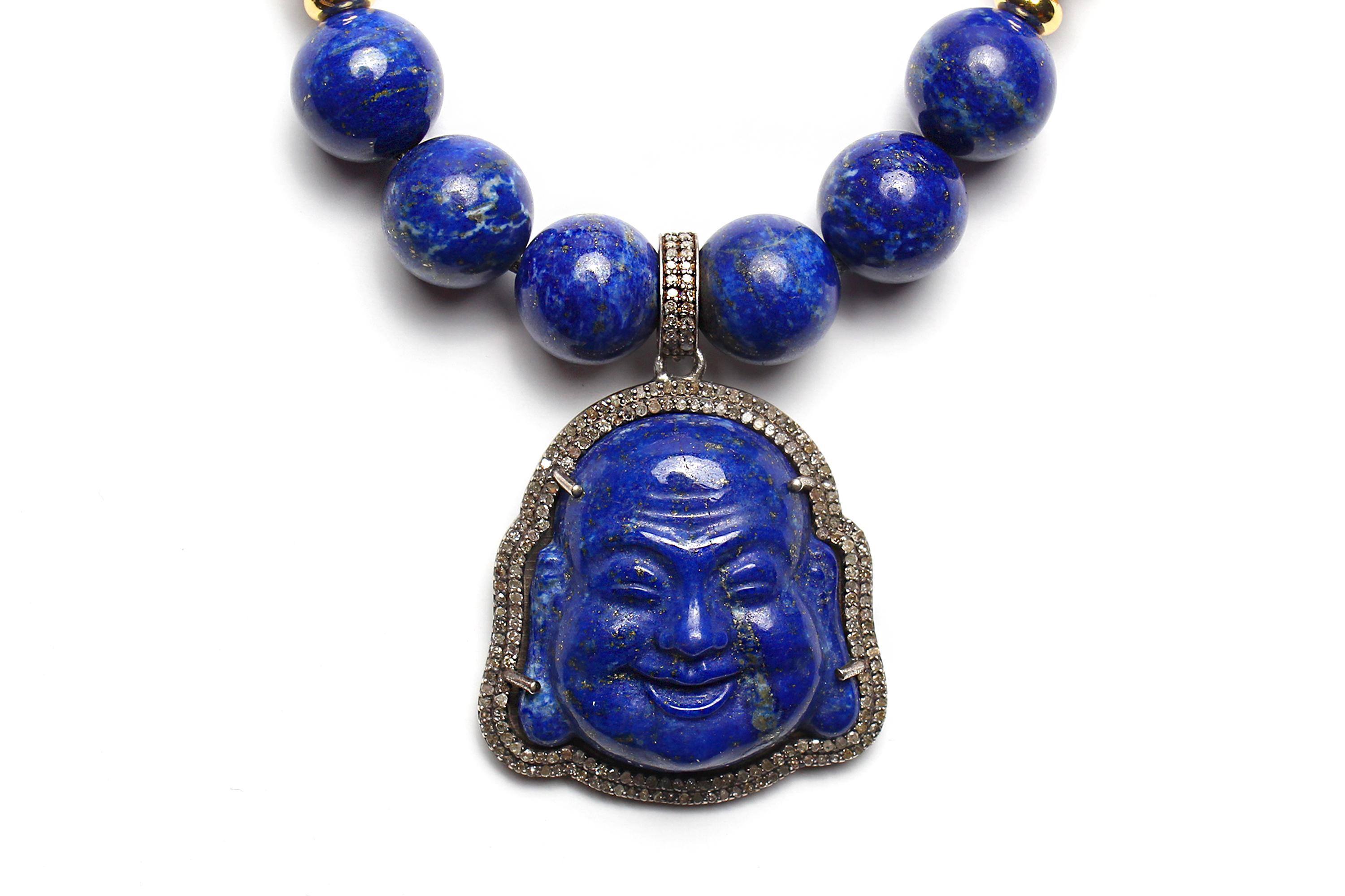 Contemporary Clarissa Bronfman Lapis Lazuli Diamond Buddha Beaded Adjustable Bracelet  For Sale