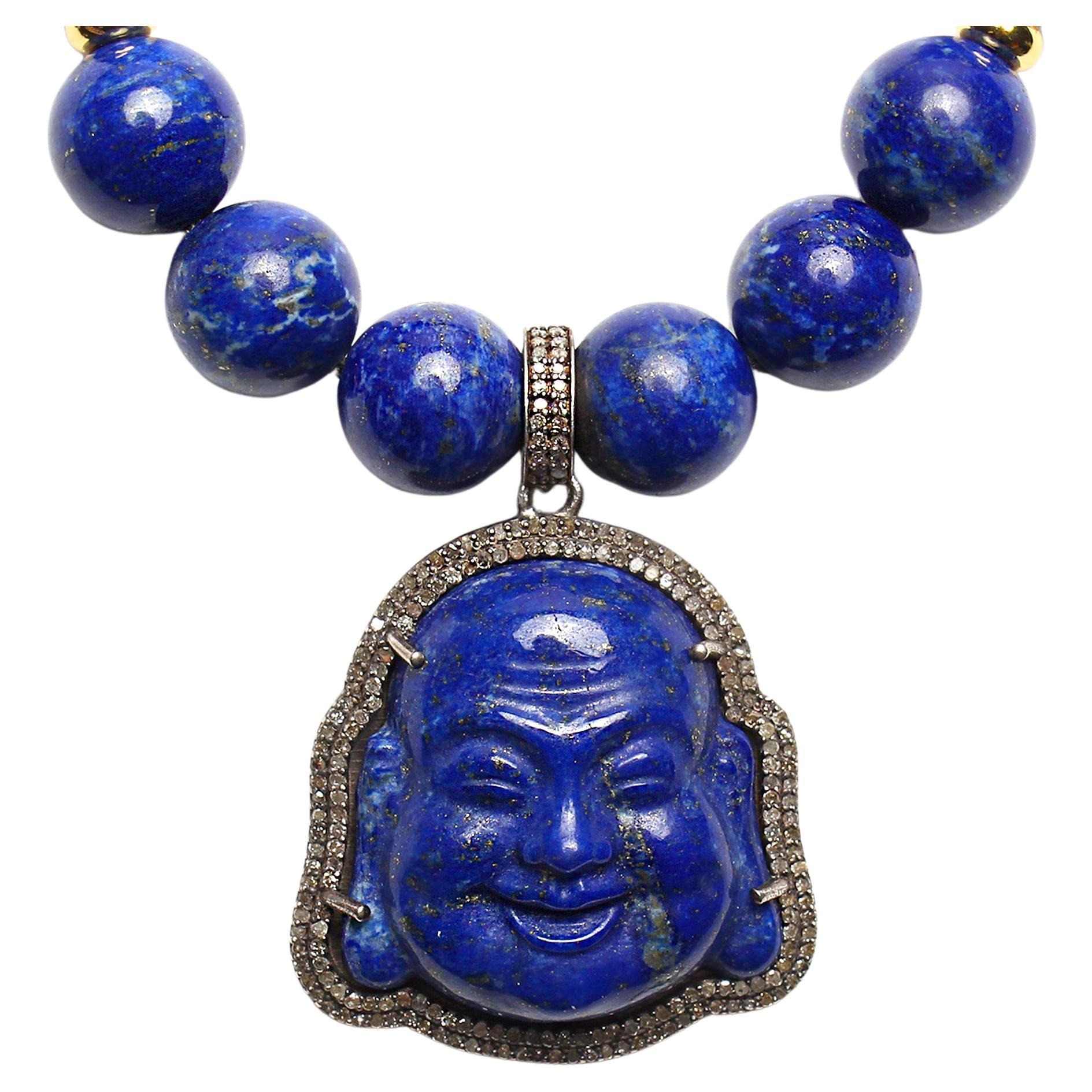Clarissa Bronfman Lapis Lazuli Diamond Buddha Beaded Adjustable Bracelet  For Sale