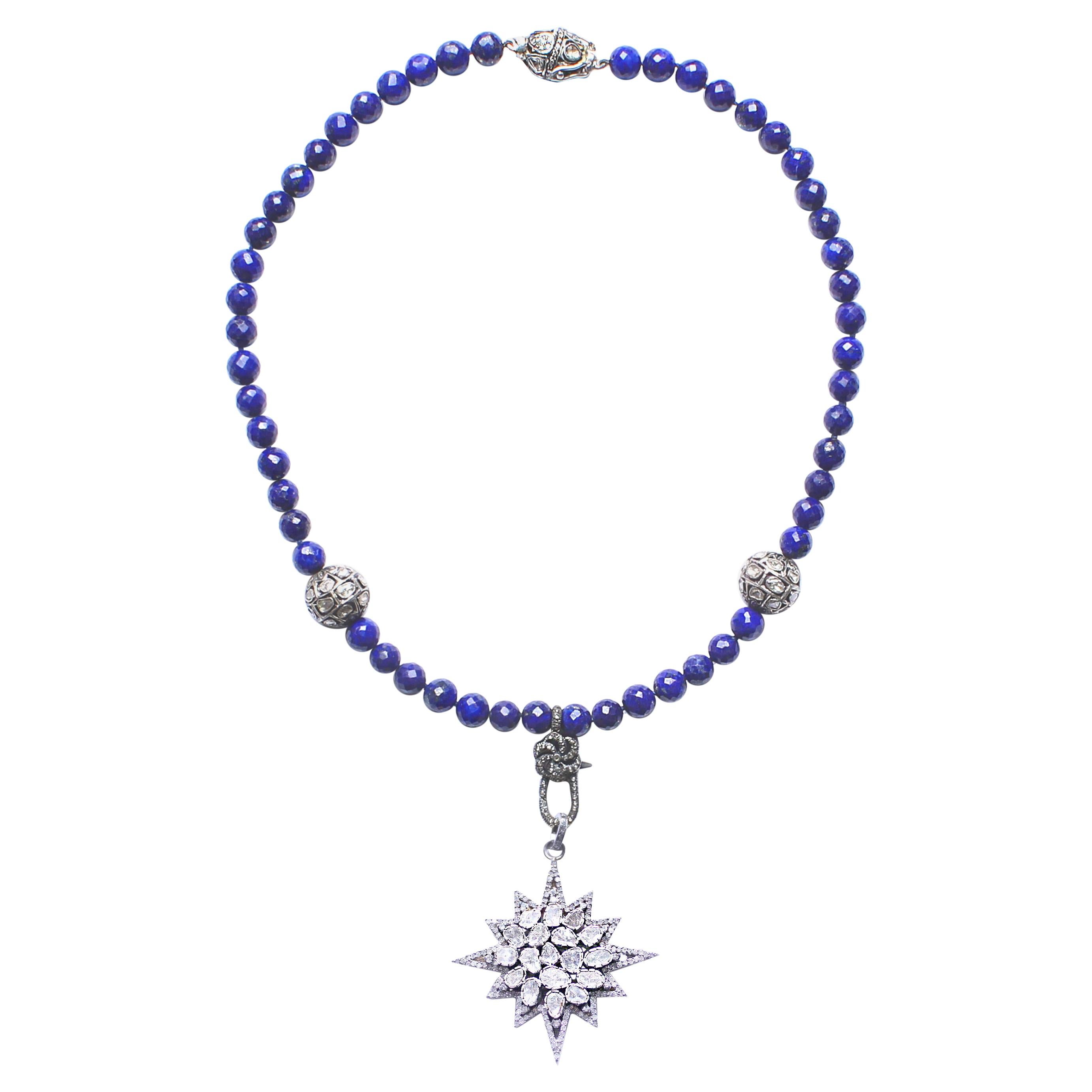 Clarissa Bronfman Lapis Lazuli, Rose Cut Diamond, Starburst Pendant Necklace