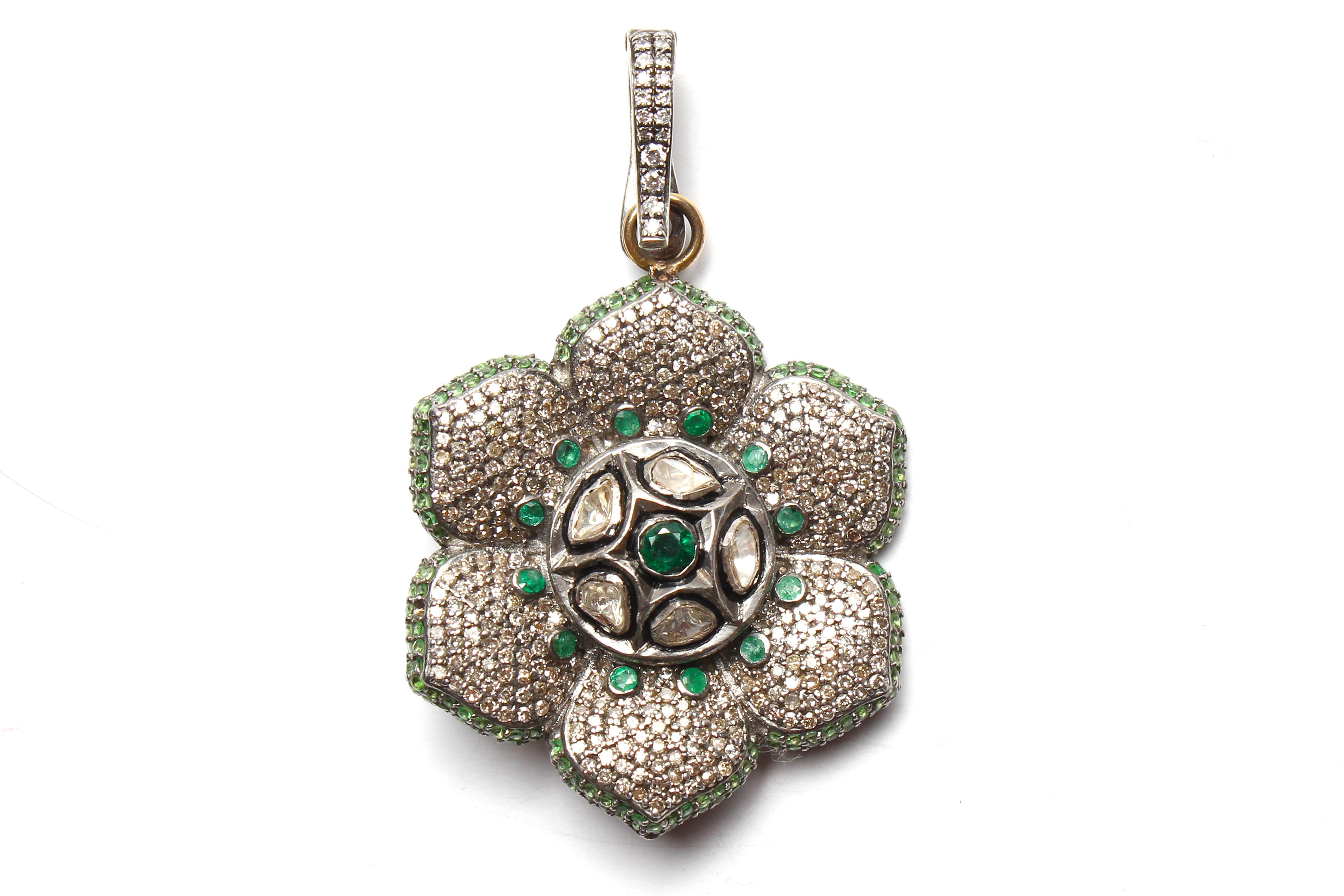 Contemporary Clarissa Bronfman Lapis Diamond Emerald Ruby Flower Cord & Rosary Necklace Set 