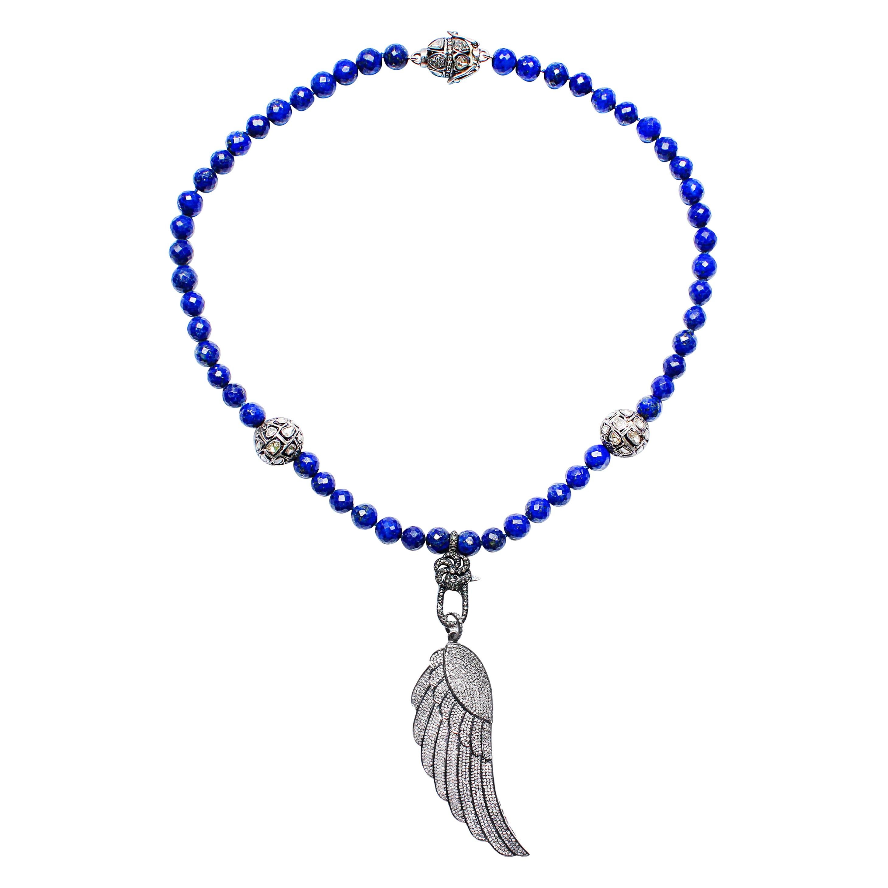 Clarissa Bronfman Lapis Rose Cut Diamond Angel Wing Pendant Beaded Necklace