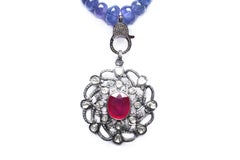 Clarissa Bronfman Lapis Rose Cut Diamond Ruby Pendant Beaded Necklace
