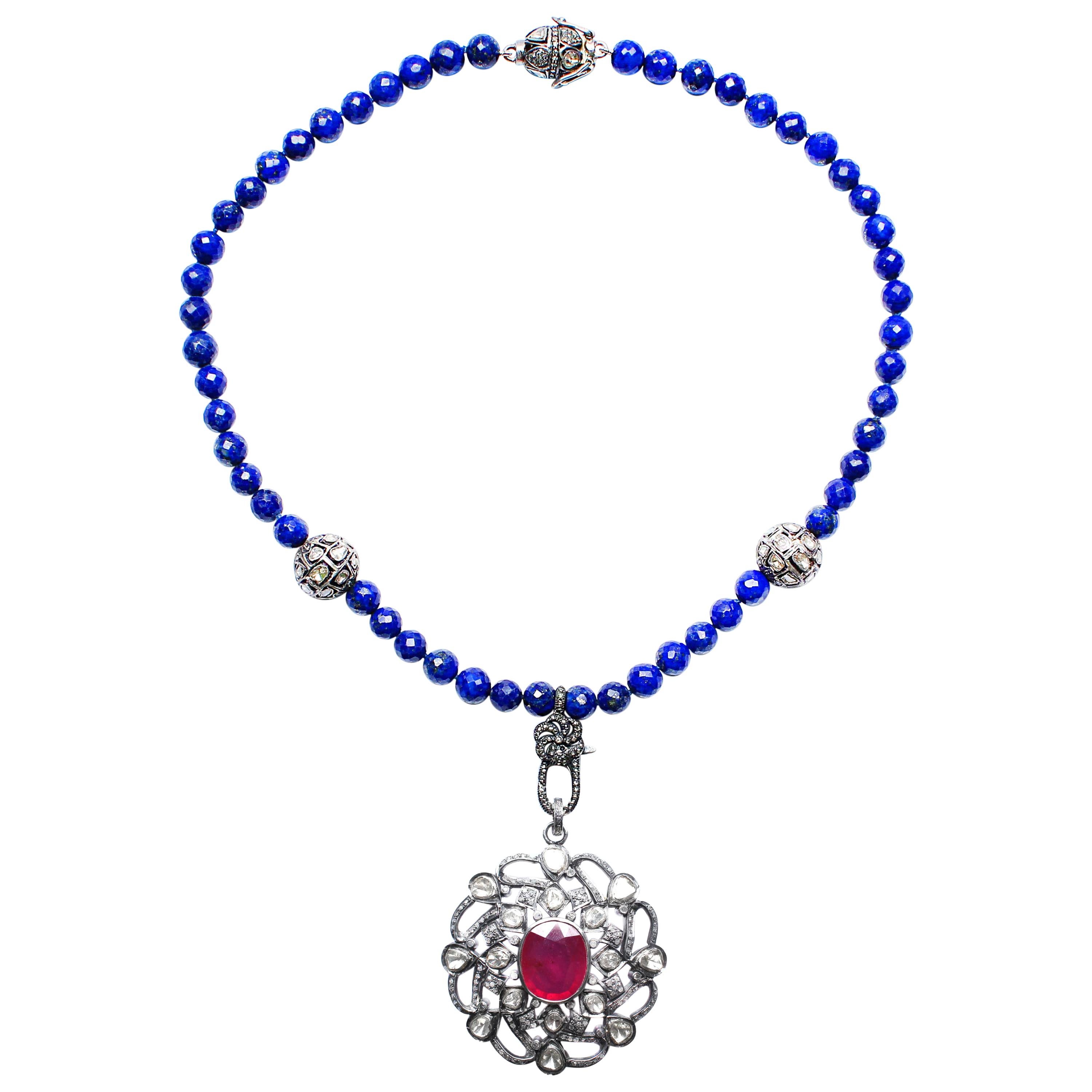 Clarissa Bronfman Lapis Rose Cut Diamond Ruby Pendant Beaded Necklace For Sale