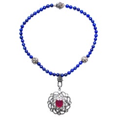 Clarissa Bronfman Lapis Rose Cut Diamond Ruby Pendant Beaded Necklace