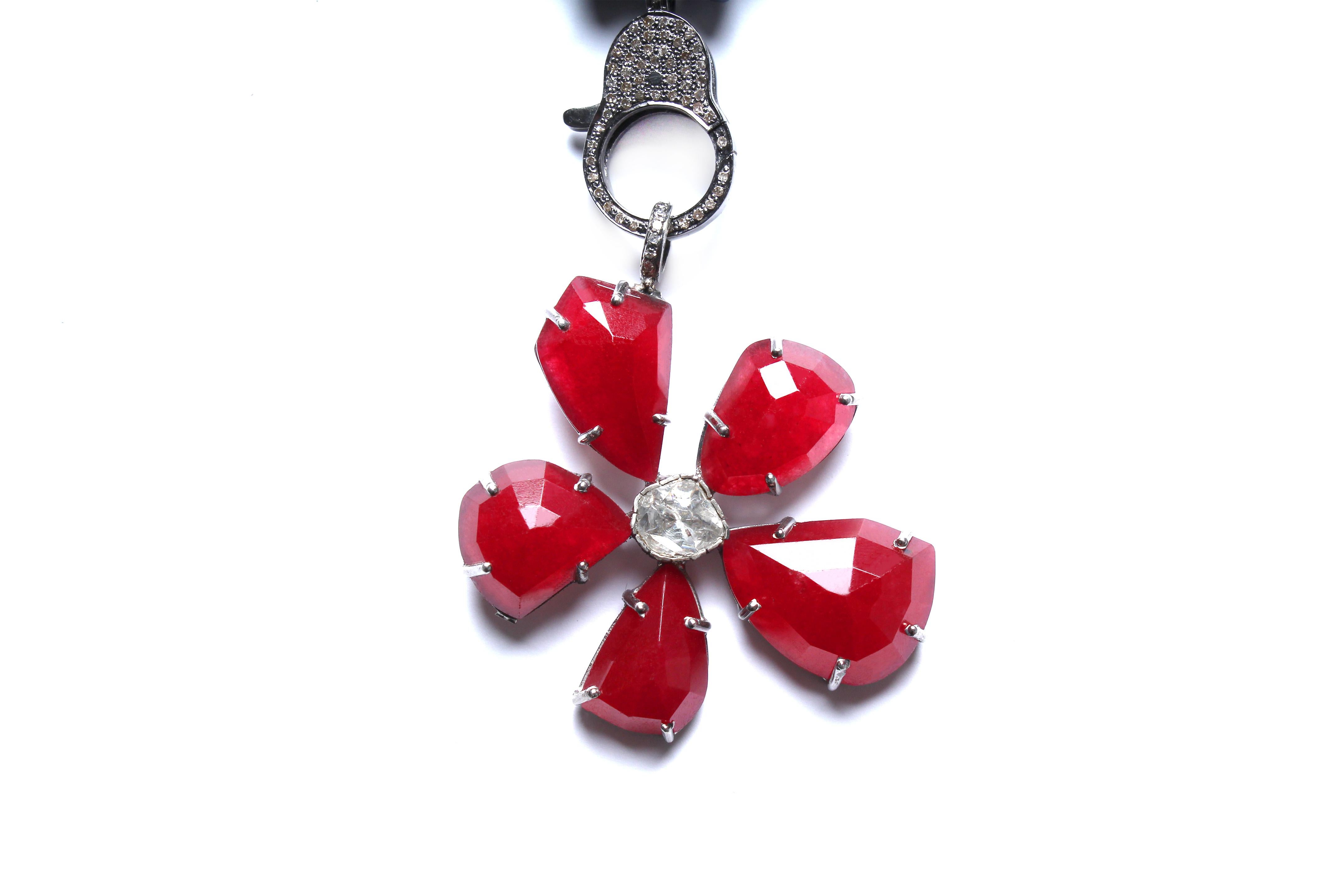 Contemporary Clarissa Bronfman Lapis, Ruby, Diamond, Agate Flower Pendant Beaded Necklace