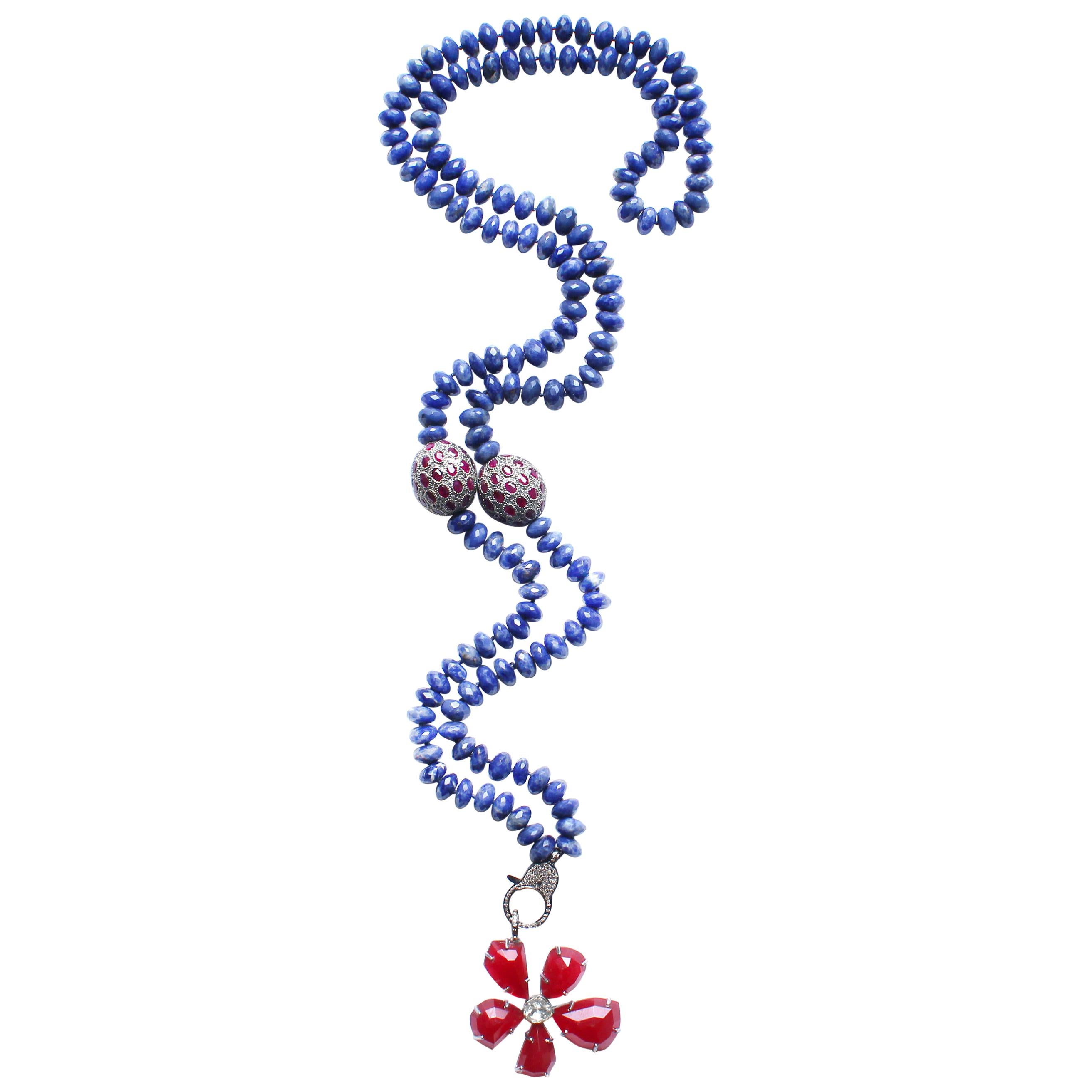 Clarissa Bronfman Lapis, Ruby, Diamond, Agate Flower Pendant Beaded Necklace