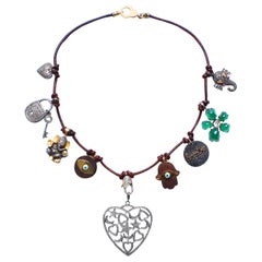 Clarissa Bronfman Leather Agate Ebony 14K Gold Diamond Ruby Heart Charm Necklace