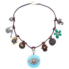 Clarissa Bronfman Leather Diamond Ebony Agate Ruby Enamel Evil Eye Necklace