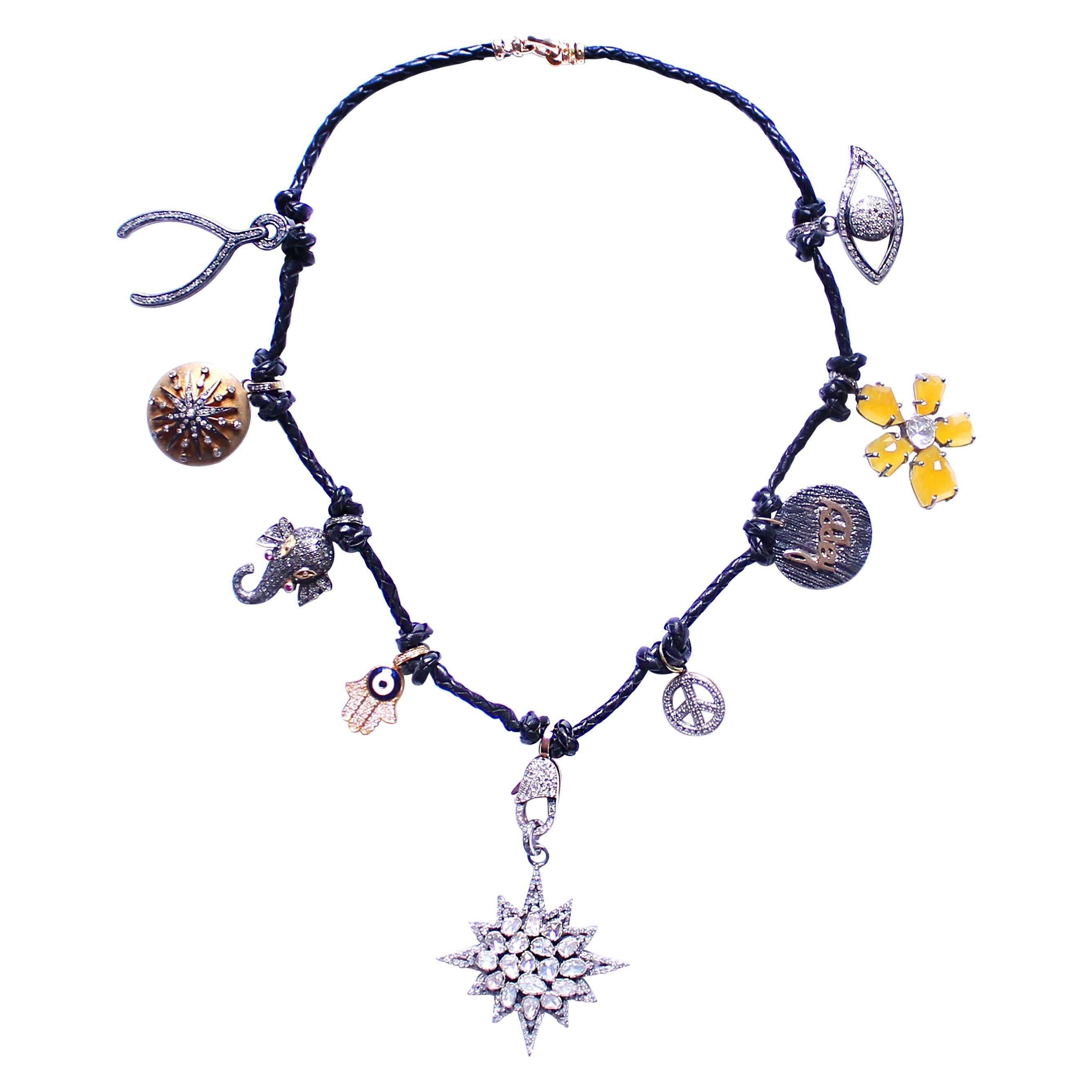 Clarissa Bronfman Leather Multi Charm Necklace with Diamond Starburst Pendant