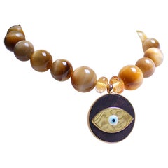 Clarissa Bronfman Light Tiger Eye Citrine 14kgold Wood Evil Eye Beaded Bracelet