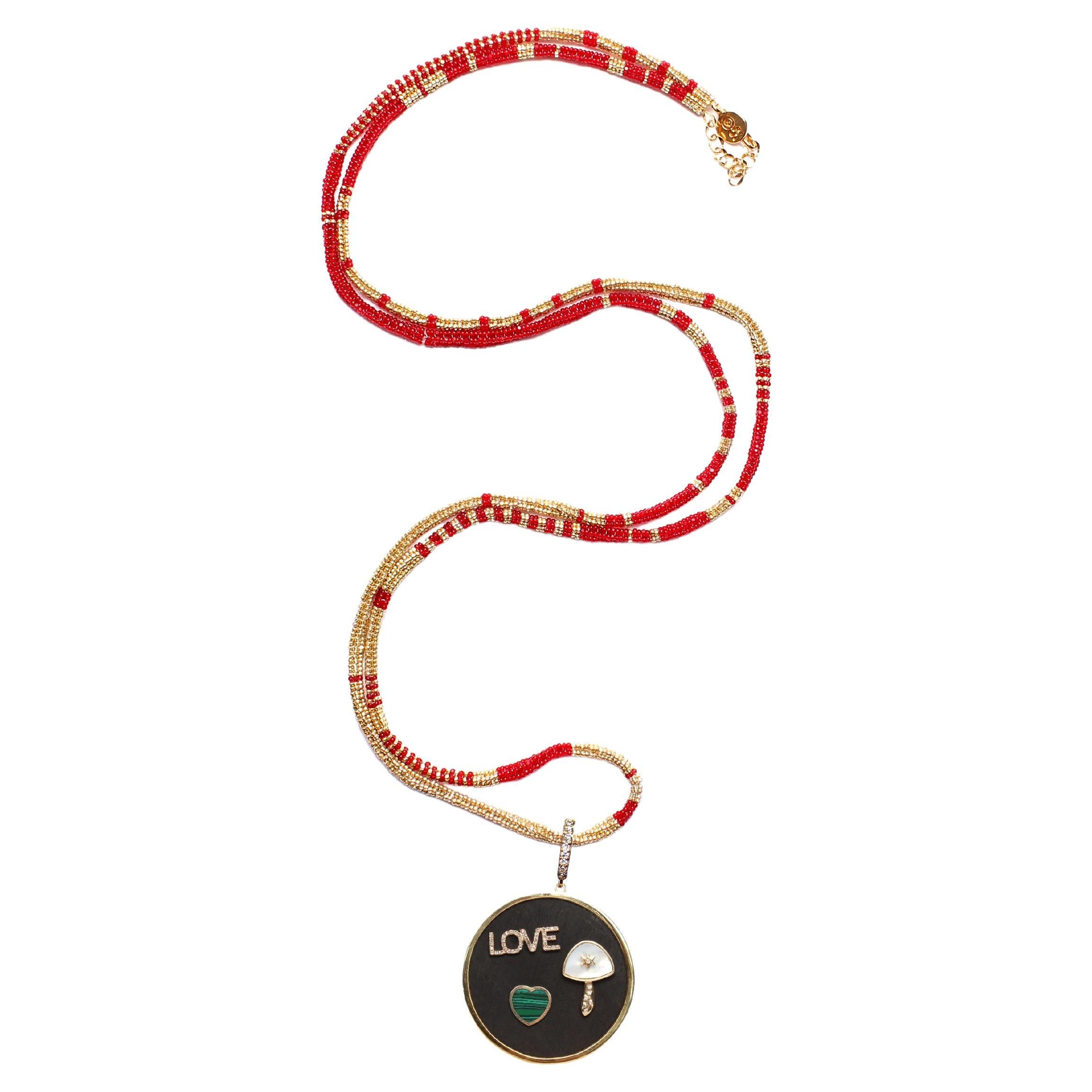 ClariSSA BRONFMAN LOVE 3 Charm-Ebenholz-Gold-Diamant-Anhänger & Alonso Rote Halskette