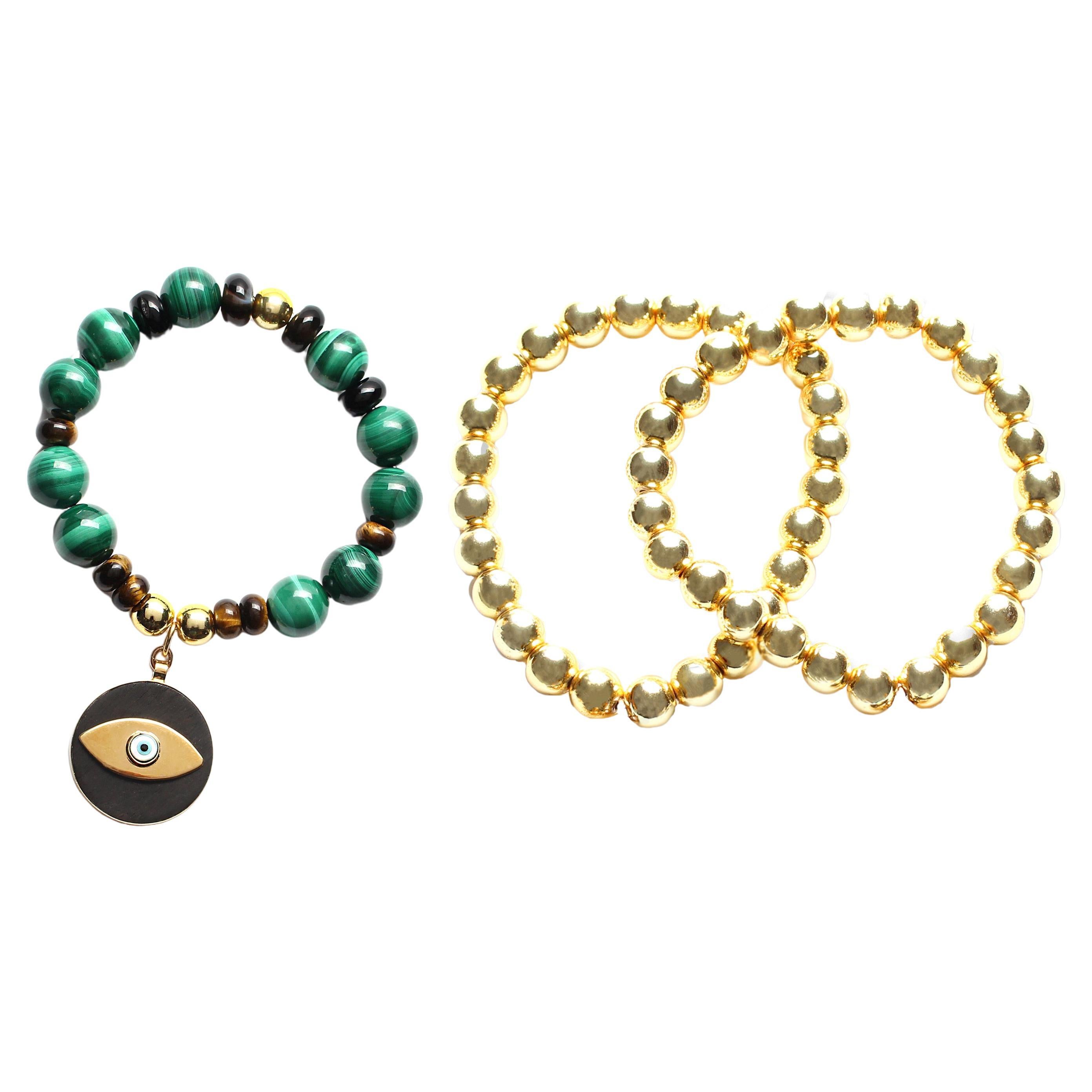 CLARISSA BRONFMAN Malachite 14kGold Ebony Evil Eye Agate Beaded Bracelets LotOf3