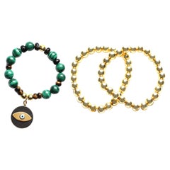 CLARISSA BRONFMAN Malachite 14kGold Ebony Evil Eye Agate Beaded Bracelets LotOf3