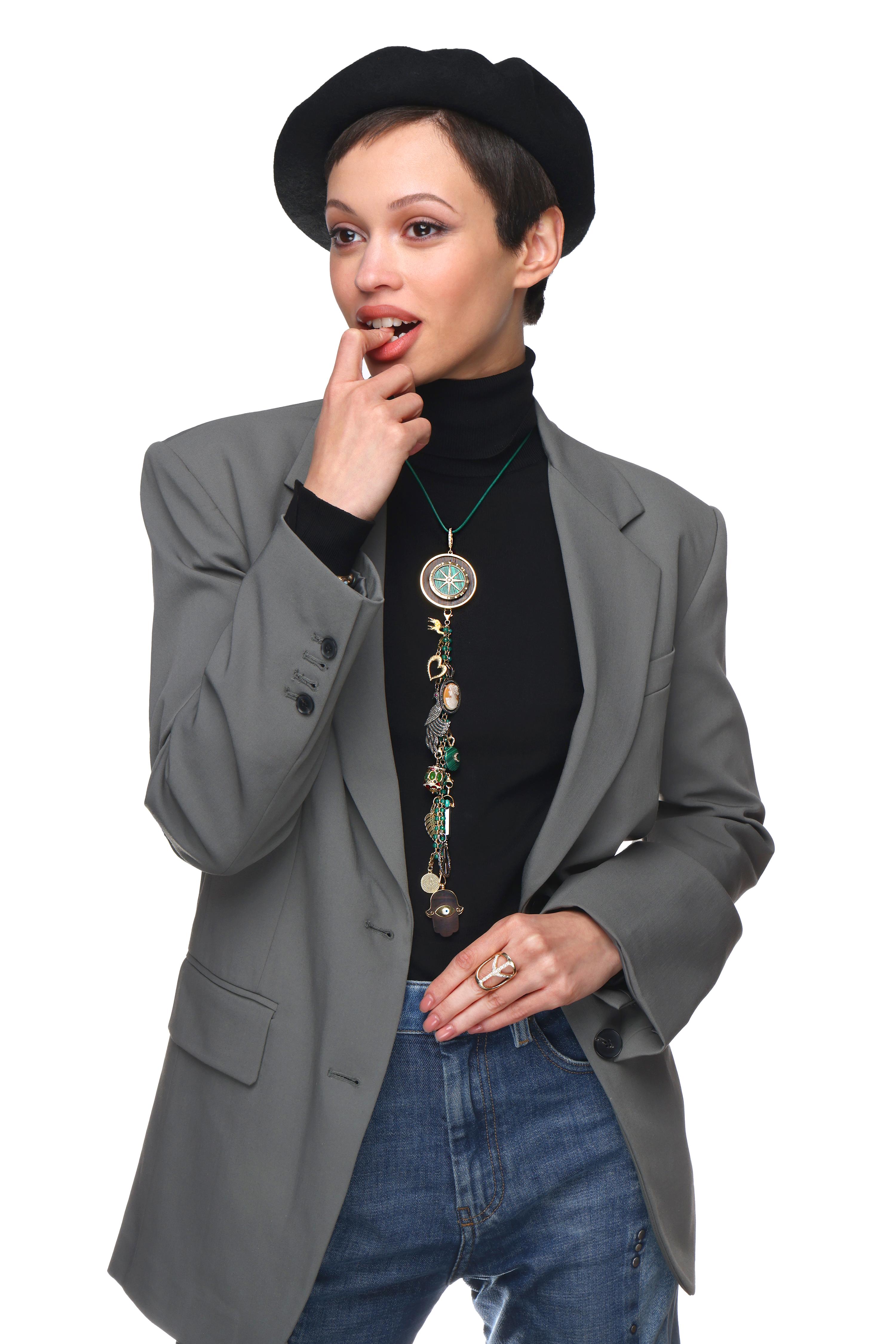 Mixed Cut CLARISSA BRONFMAN Malachite Ebony Gold Compass Pendant &GreyGold Alonso Necklace For Sale