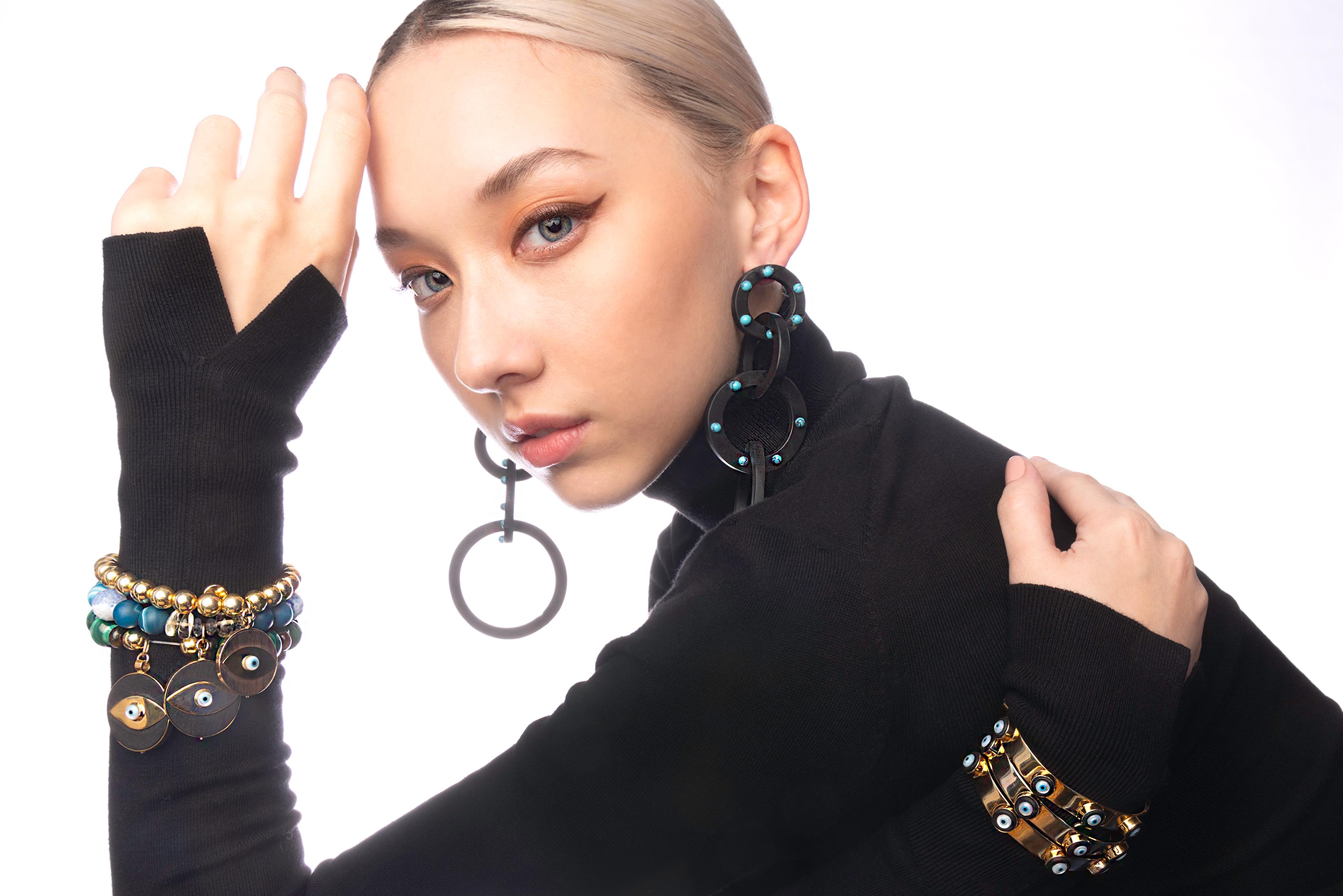 Contemporary CLARISSA BRONFMAN Malachite Ebony Gold Tiger's Eye Evil Eye Beaded Bracelet For Sale