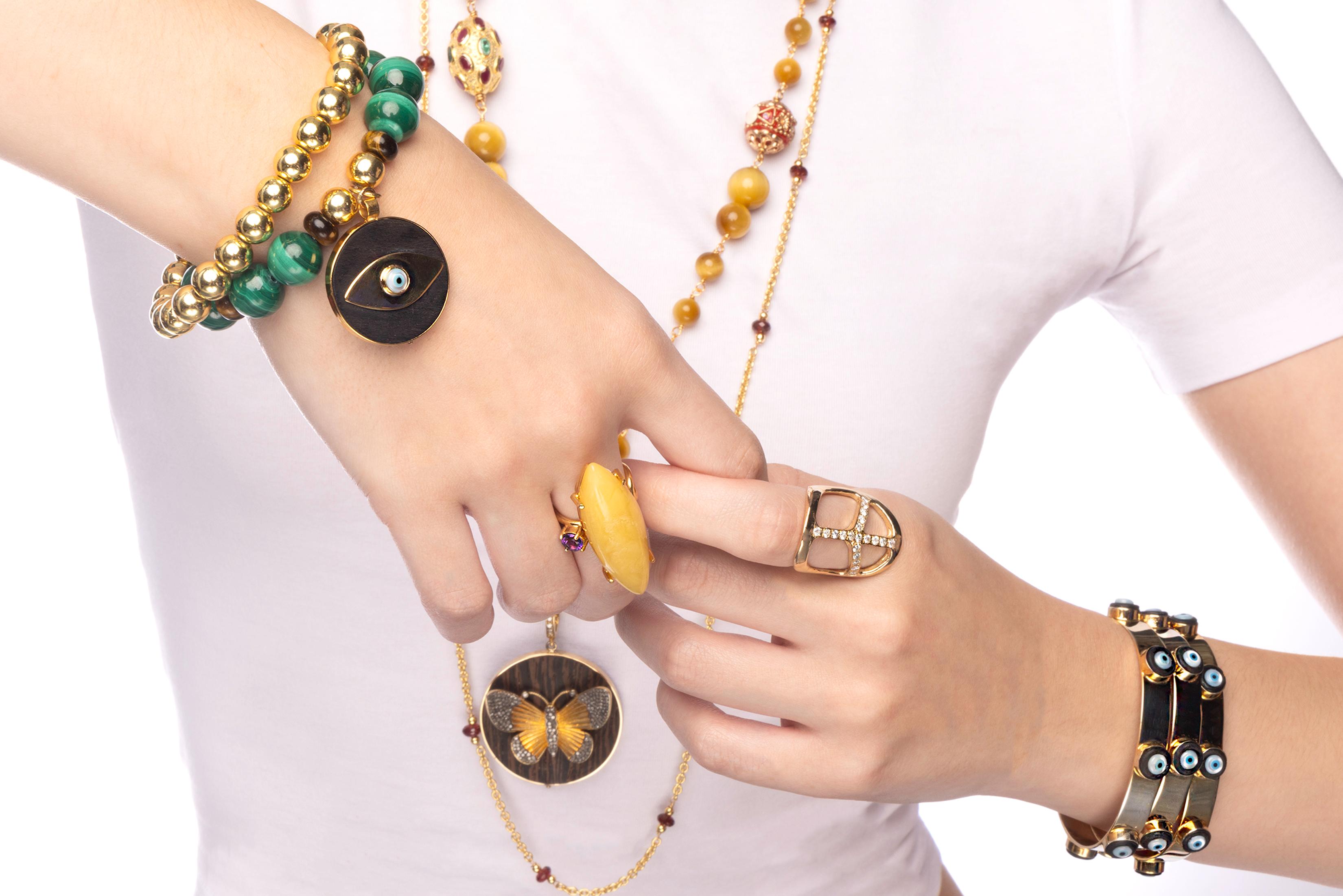 CLARISSA BRONFMAN Malachite Ebony Gold Tiger's Eye Evil Eye Beaded Bracelet In New Condition For Sale In New York, NY